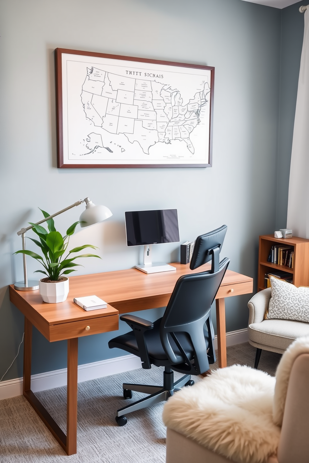 A stylish home office featuring a framed map of the United States prominently displayed on the wall. The desk is a sleek wooden design paired with a comfortable ergonomic chair, and a potted plant adds a touch of greenery to the space. The color palette includes soft blues and whites, creating a calm and inviting atmosphere. A cozy reading nook with a plush armchair and a small bookshelf completes the room, perfect for relaxation during breaks.