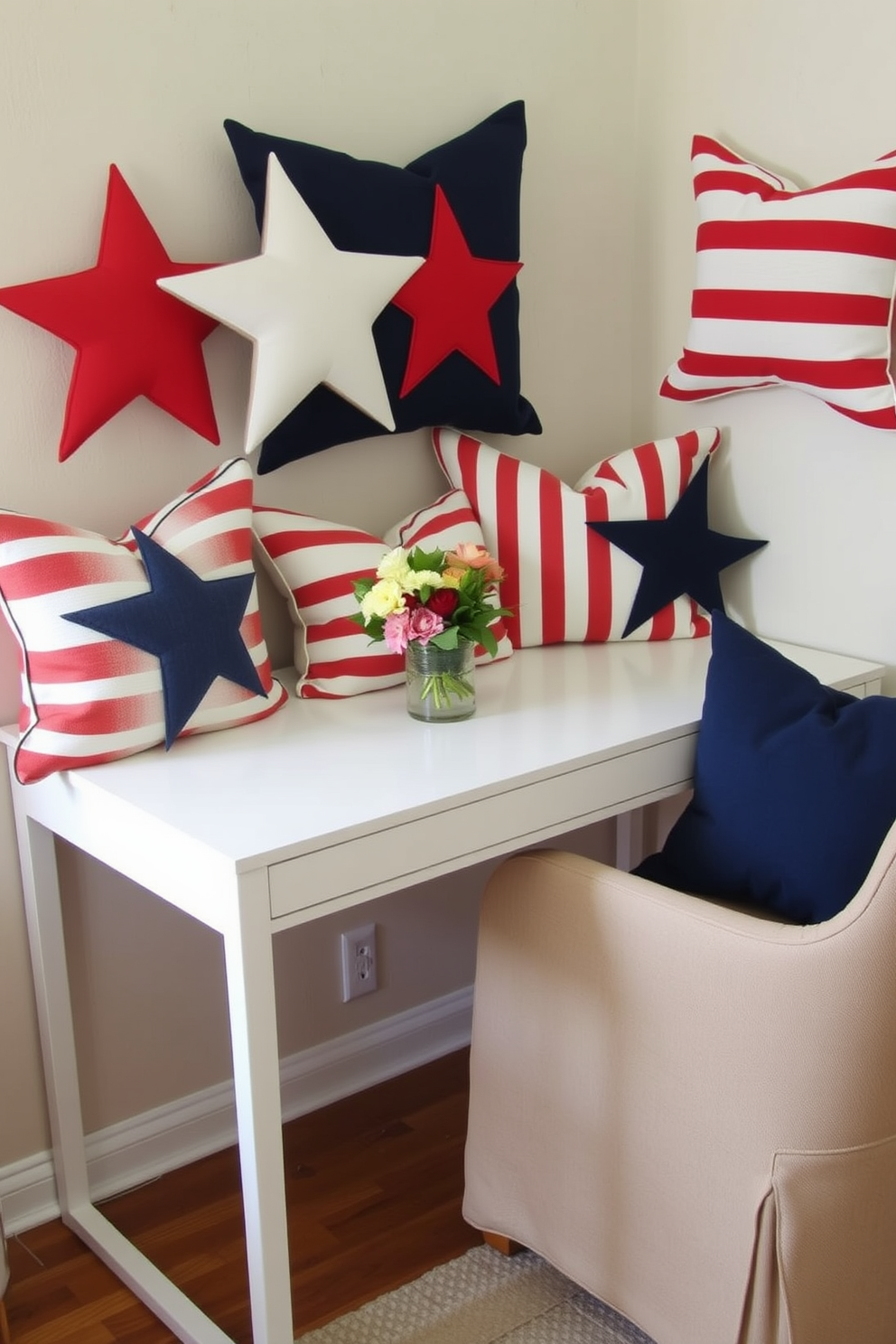 A festive table centerpiece adorned with small American flags in red, white, and blue. The arrangement includes a mix of fresh flowers and candles, creating a patriotic and inviting atmosphere for Memorial Day gatherings. A home office decorated with a blend of functionality and style. The space features a sleek desk, comfortable chair, and wall art that reflects the spirit of the holiday, enhancing productivity while honoring the occasion.