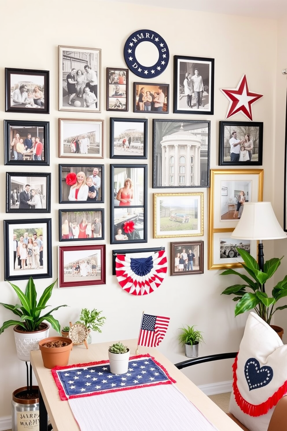 A Memorial Day photo wall collage featuring an array of framed photographs capturing family gatherings and outdoor barbecues. The wall is adorned with red white and blue accents and includes decorative stars and stripes elements to enhance the patriotic theme. Memorial Day home office decorating ideas that incorporate festive touches such as a red white and blue desk runner and themed artwork. Potted plants and a cozy seating area create a welcoming and productive workspace that honors the holiday.