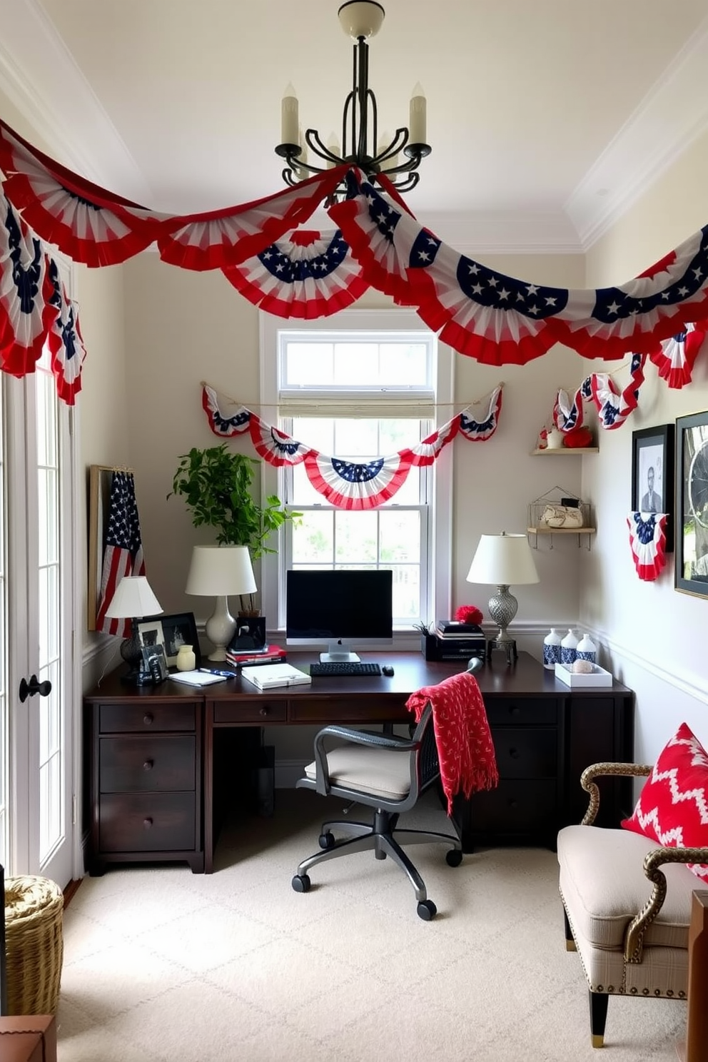 A stylish home office featuring desk accessories in red, white, and blue. The desk is adorned with a patriotic-themed organizer, a vibrant mouse pad, and a matching pen holder, creating a festive yet professional atmosphere. On the wall, a framed art piece showcases an abstract representation of the American flag. A small potted plant adds a touch of greenery, complementing the color scheme while bringing life to the workspace.