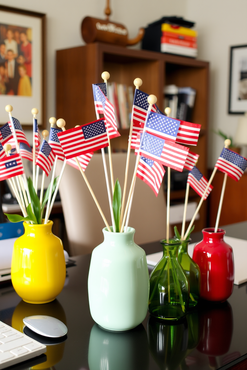 A home office setting featuring small flags in decorative vases. The flags are arranged in a variety of colorful vases that add a festive touch to the workspace.