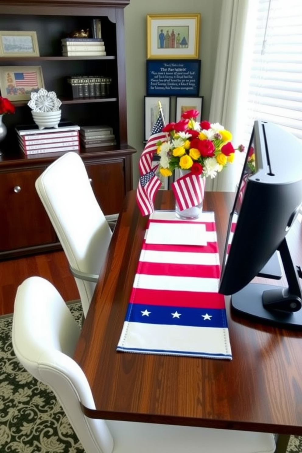 A stylish home office featuring a red white and blue desk runner that adds a festive touch for Memorial Day. The desk is adorned with patriotic-themed decor including a small flag and a decorative vase filled with seasonal flowers.