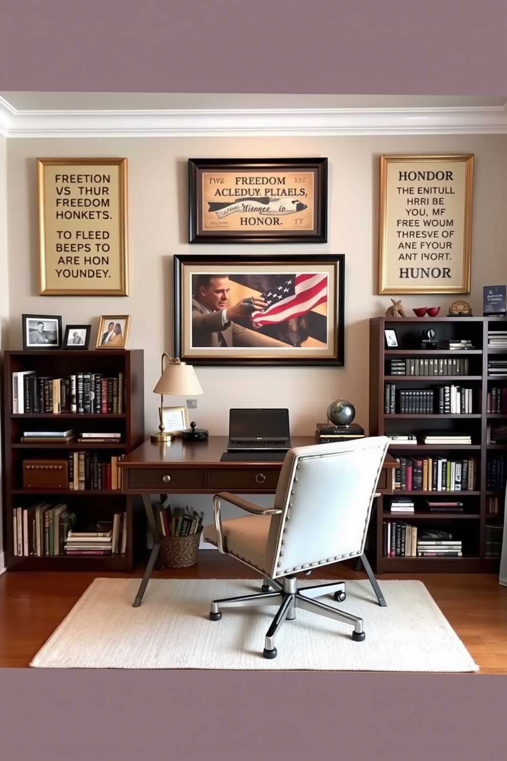 A cozy home office space featuring framed quotes about freedom and honor displayed on the walls. The decor includes a stylish desk with a comfortable chair, surrounded by bookshelves filled with literature and personal mementos.