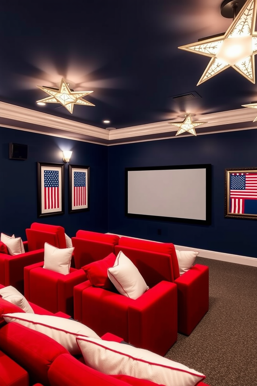 A cozy home theater featuring a patriotic red, white, and blue color scheme. The walls are painted in a deep navy blue, while the plush seating is upholstered in bright red fabric, accented with white throw pillows. A large screen is mounted on the wall, surrounded by framed artwork showcasing American flags and symbols. Soft lighting fixtures in the shape of stars provide a warm glow, creating an inviting atmosphere for Memorial Day celebrations.