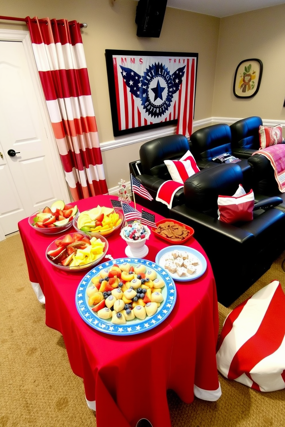 A festive Memorial Day themed snack table is adorned with a red, white, and blue tablecloth. Colorful platters filled with fresh fruit, chips, and patriotic-themed desserts create a vibrant display. The home theater is decorated with cozy seating arranged for optimal viewing. Red, white, and blue accents in the form of throw pillows and blankets enhance the patriotic atmosphere.