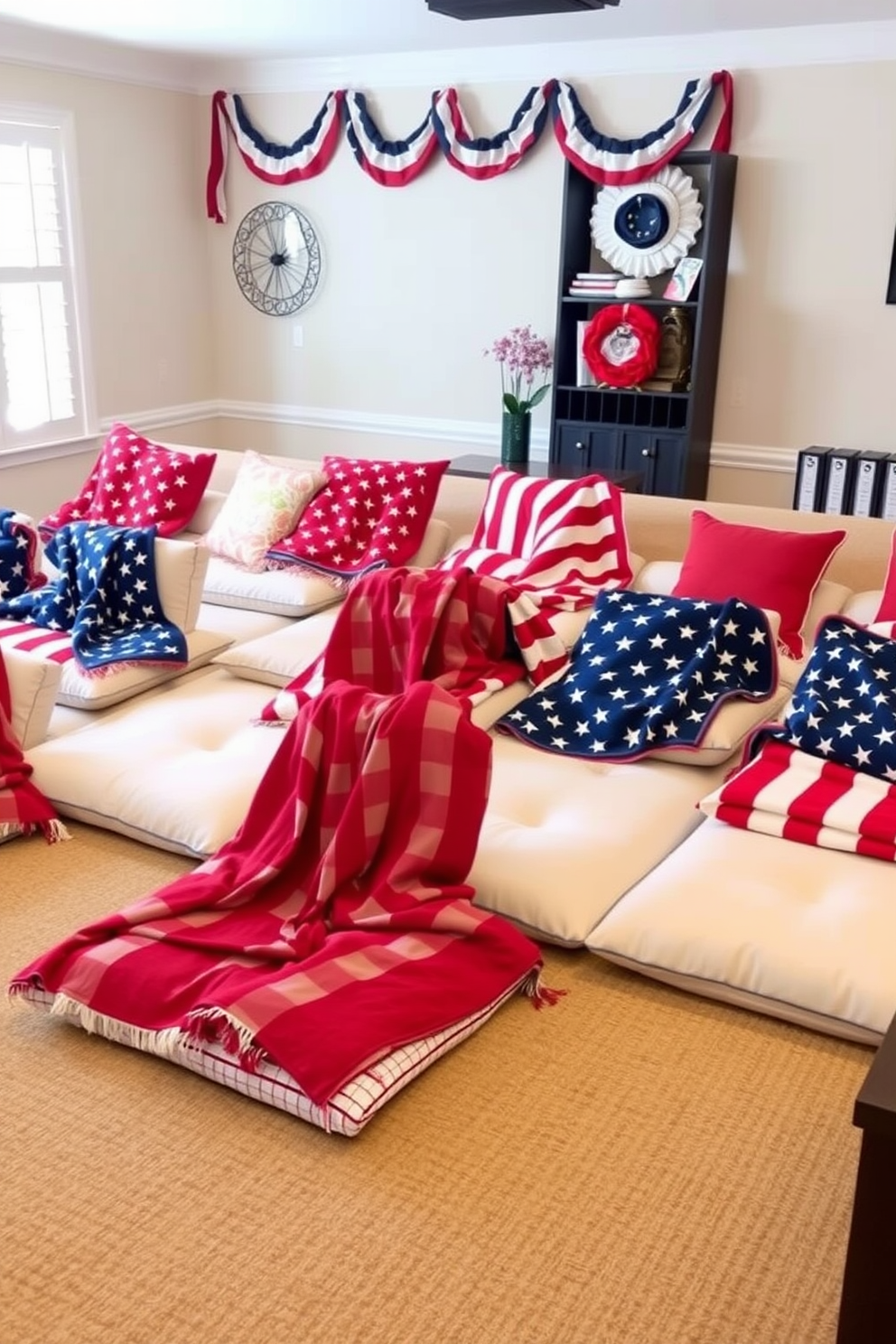 Cushioned floor seating is arranged in a cozy layout, featuring vibrant patriotic blankets draped over each cushion. The home theater is adorned with red, white, and blue accents, creating a festive atmosphere for Memorial Day celebrations.