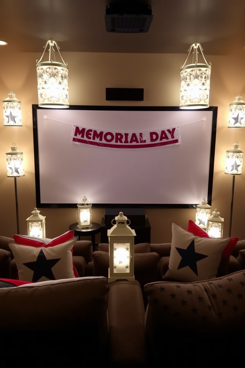 Cozy bean bags in red white and blue are arranged in a welcoming circle in front of a large screen. The walls are adorned with framed patriotic art and soft lighting creates a warm atmosphere for movie nights.