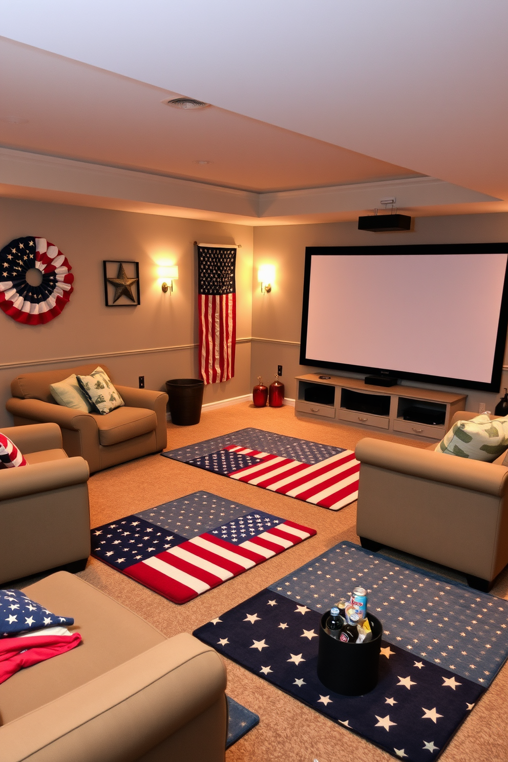 A cozy home theater featuring themed area rugs with flag patterns. The space is designed for comfort, with plush seating arranged for optimal viewing and a large screen as the focal point. The walls are adorned with patriotic decor, creating a festive atmosphere for Memorial Day celebrations. Dim lighting enhances the ambiance, while snacks and drinks are easily accessible in stylish containers.