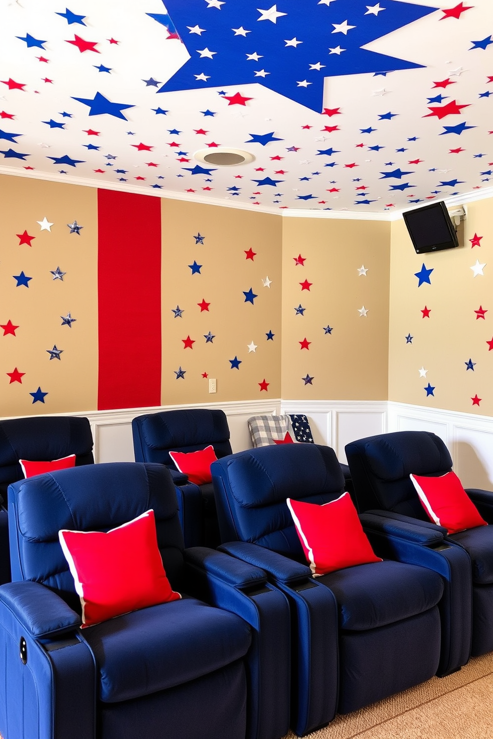 A cozy home theater adorned with framed family photos in red, white, and blue. The walls are painted a deep navy, while plush seating in shades of gray provides comfort for movie nights.