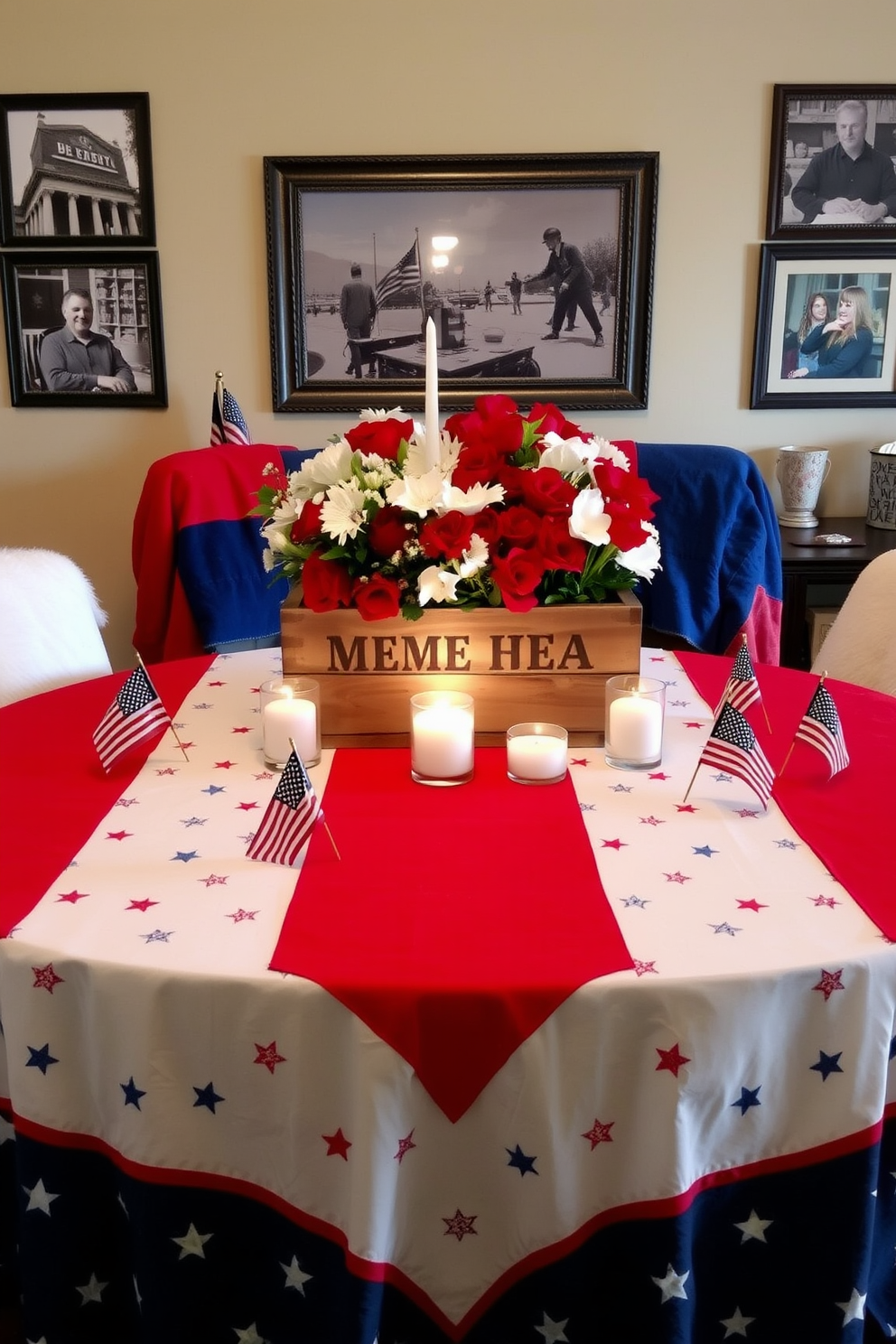 A patriotic themed table centerpiece featuring a large red white and blue tablecloth adorned with small American flags. In the center, a rustic wooden box filled with fresh flowers in red white and blue hues is surrounded by candles in glass holders. For Memorial Day home theater decorating ideas create a cozy atmosphere with plush red white and blue throw blankets draped over the seating. Hang framed photographs of past Memorial Day celebrations on the walls and place themed popcorn buckets on the side tables.