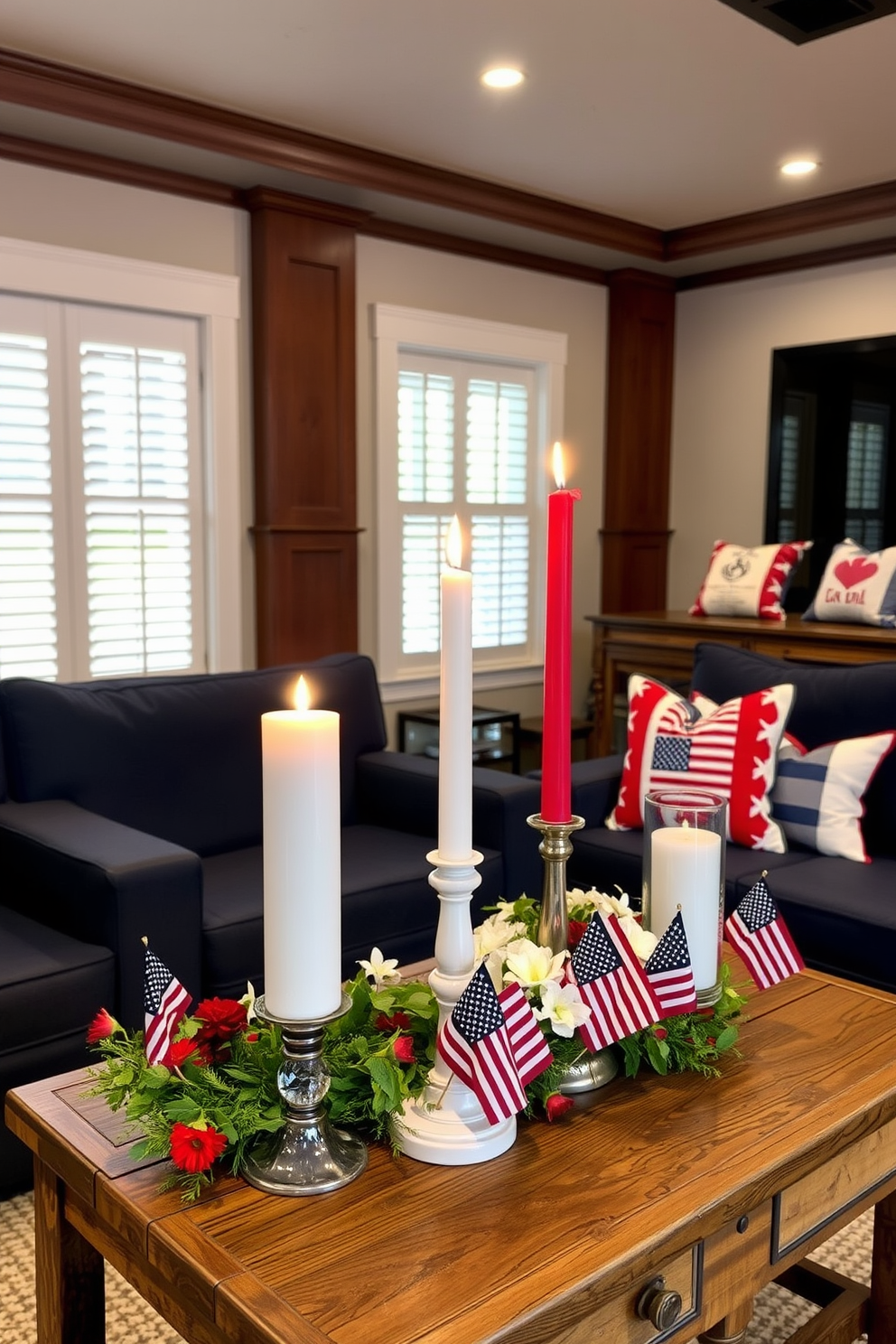 Candle arrangements in red white and blue colors create a festive atmosphere perfect for Memorial Day celebrations. The candles are displayed on a rustic wooden table surrounded by small American flags and seasonal floral accents. In the home theater, plush seating in navy blue complements the red and white decor. Soft lighting enhances the cozy ambiance, while themed throw pillows add a touch of patriotism to the space.