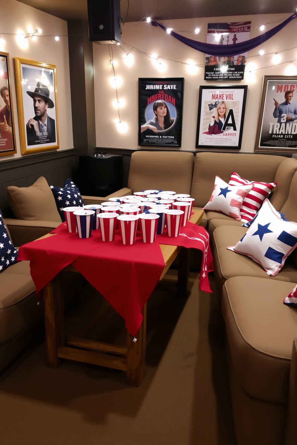 A themed drink station with festive cups features a rustic wooden table adorned with a vibrant red and blue tablecloth. On the table, an assortment of colorful cups is filled with refreshing beverages, surrounded by decorative stars and stripes accents. The home theater is designed for Memorial Day celebrations, showcasing plush seating with patriotic throw pillows. The walls are decorated with framed movie posters and string lights create a cozy ambiance, perfect for watching films with family and friends.