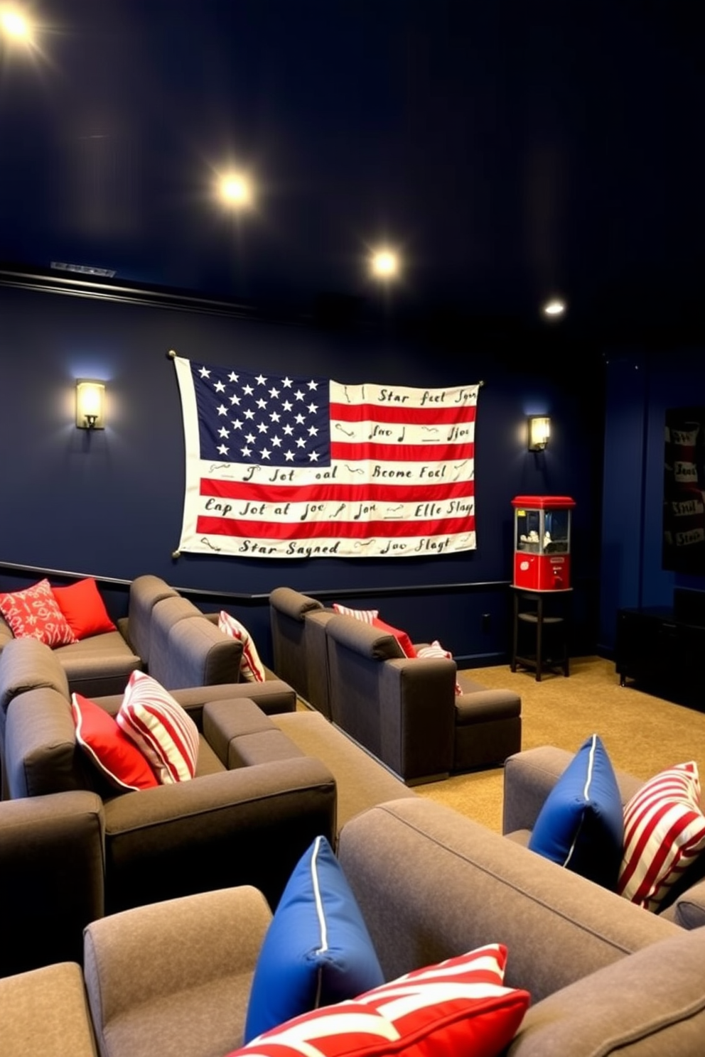 A home theater room featuring a star spangled banner wall art display that serves as a focal point. The walls are painted in a deep navy blue, and plush seating is arranged in a tiered layout for optimal viewing. Decorative accents include red, white, and blue throw pillows on the seats and a vintage popcorn machine in the corner. Soft lighting fixtures create a cozy atmosphere, while a large screen is mounted on the opposite wall for movie nights.