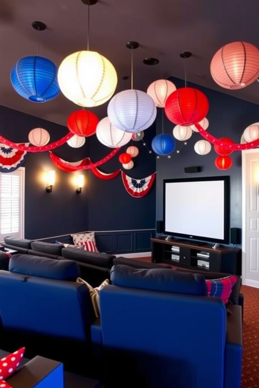 A cozy home theater adorned with hanging paper lanterns in red, white, and blue, creating a festive atmosphere for Memorial Day celebrations. The walls are painted a deep navy blue, while plush seating is arranged for optimal viewing comfort, complemented by a large screen at the front.