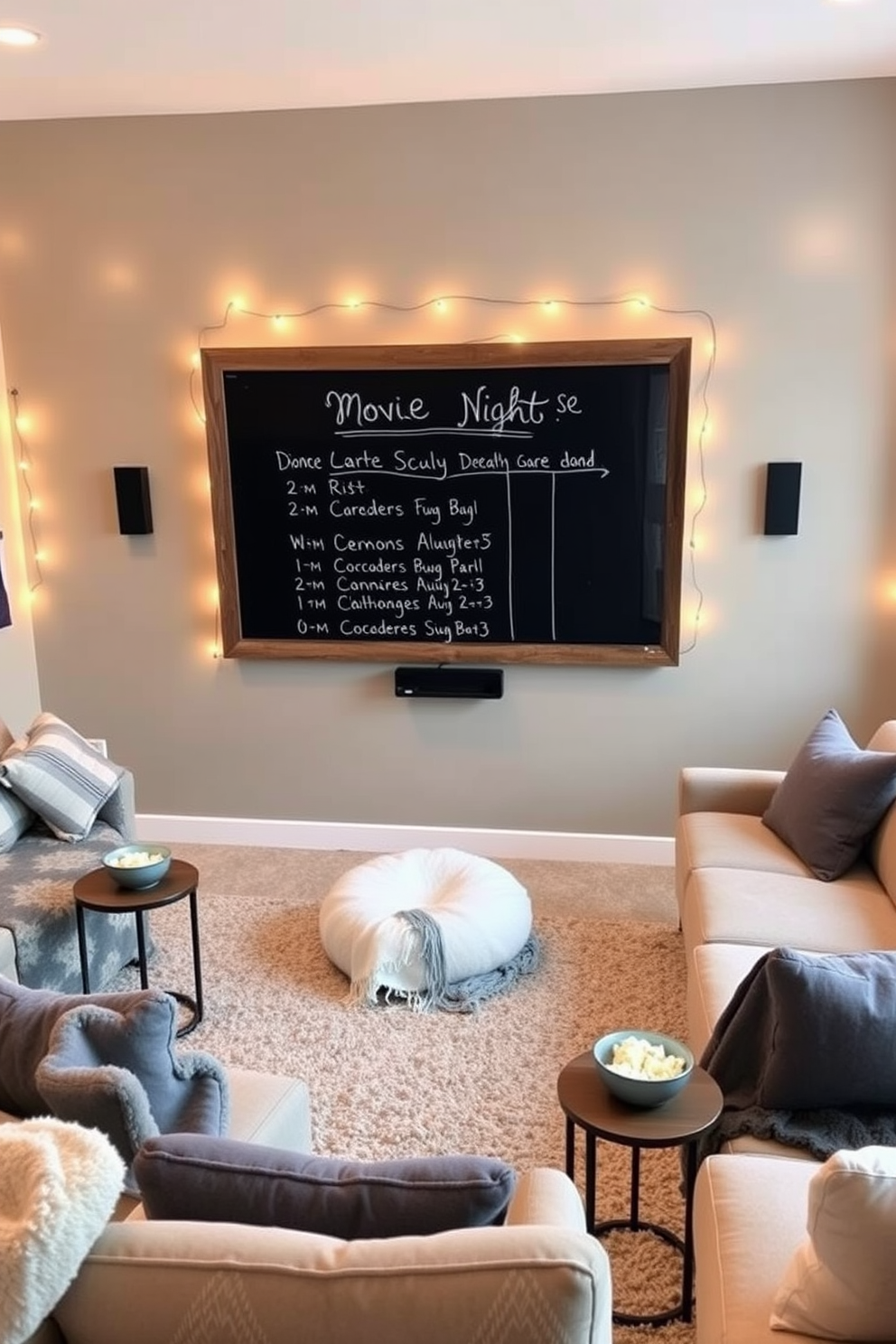 A cozy home theater setup featuring a large screen mounted on the wall. Plush seating arranged in a semi-circle with soft throw blankets and popcorn bowls on side tables. A chalkboard prominently displayed with a handwritten movie night schedule. The board is framed in rustic wood and surrounded by string lights for a warm ambiance.