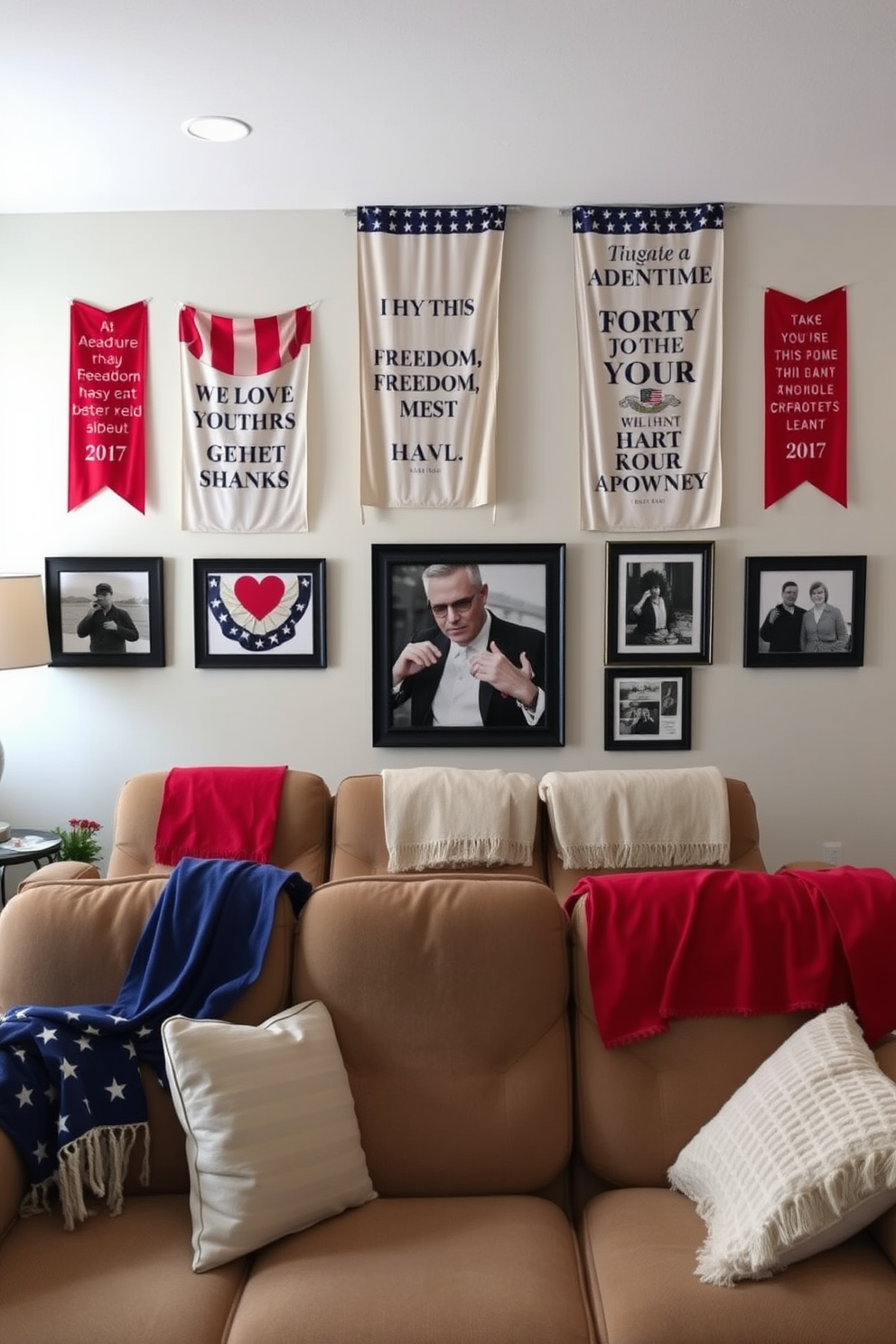 Festive banners hang across the room, each adorned with inspiring quotes about freedom. The vibrant colors of red, white, and blue create a patriotic atmosphere, perfect for celebrating Memorial Day. In the home theater, plush seating is arranged for comfort, with soft throw blankets in coordinating colors. The walls are decorated with framed images of past Memorial Day celebrations, adding a personal touch to the decor.