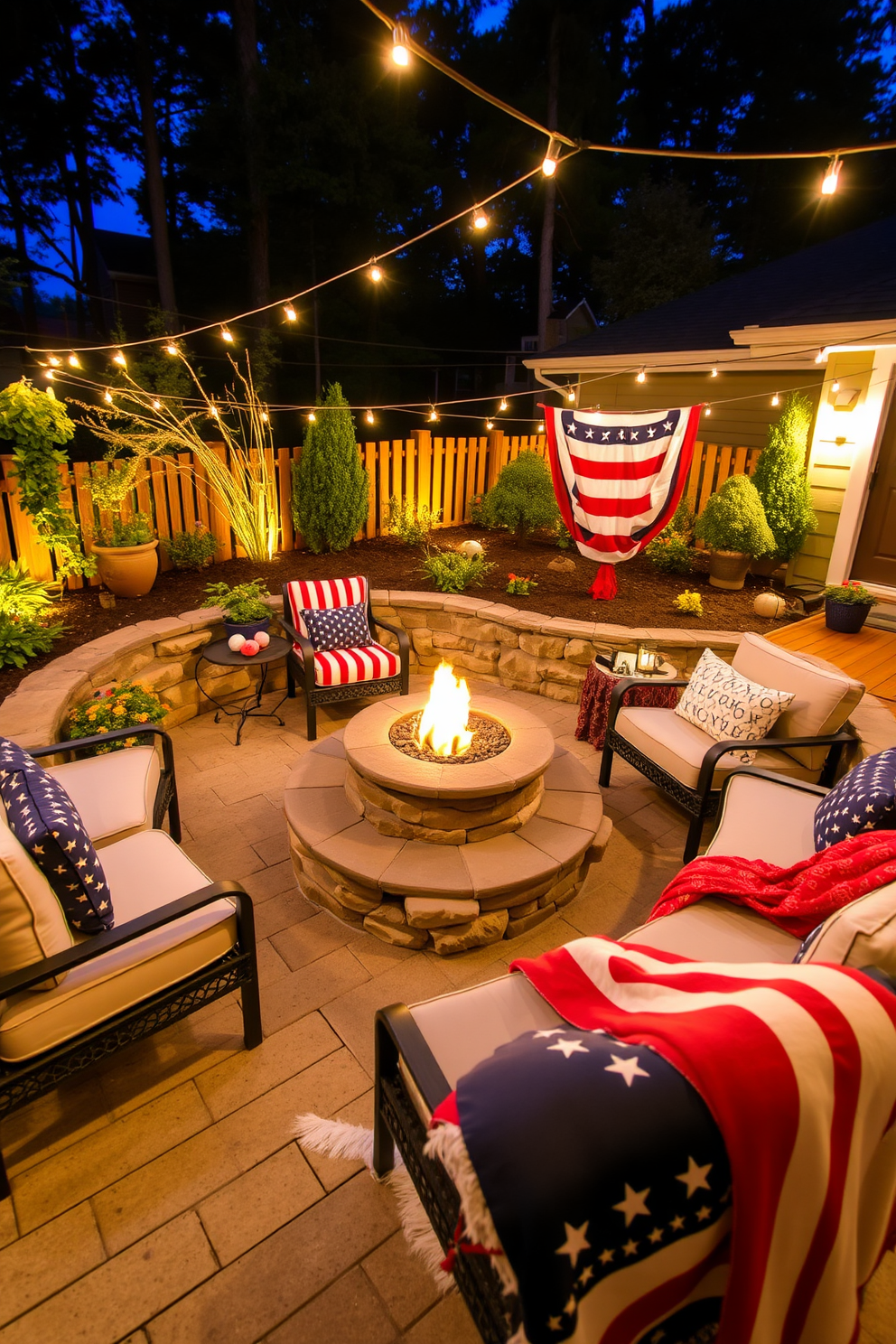 A charming outdoor fire pit area designed for cozy gatherings features comfortable seating with plush cushions arranged around a circular stone fire pit. The surrounding landscape is adorned with soft lighting, potted plants, and a wooden deck that enhances the inviting atmosphere. For Memorial Day celebrations, the home theater is transformed into a patriotic space with red, white, and blue decor. Cozy blankets and themed snacks are set up for an enjoyable movie night experience with friends and family.