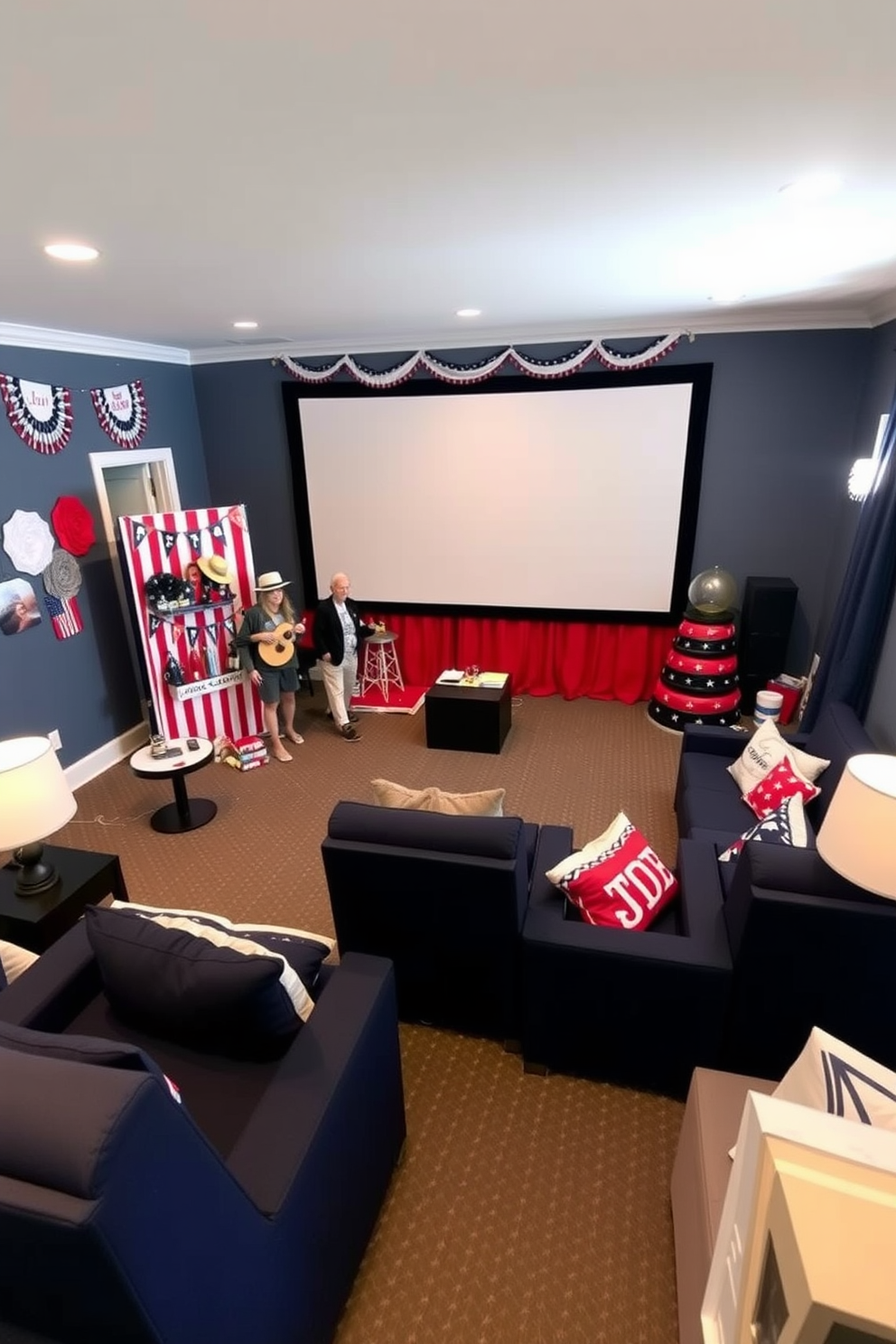 A cozy home theater featuring vintage Americana decor elements. The walls are adorned with retro movie posters and vintage flags, creating a nostalgic atmosphere. A plush sectional sofa in a deep navy blue is complemented by red and white striped throw pillows. An antique popcorn machine sits in the corner, adding a fun and playful touch to the space.