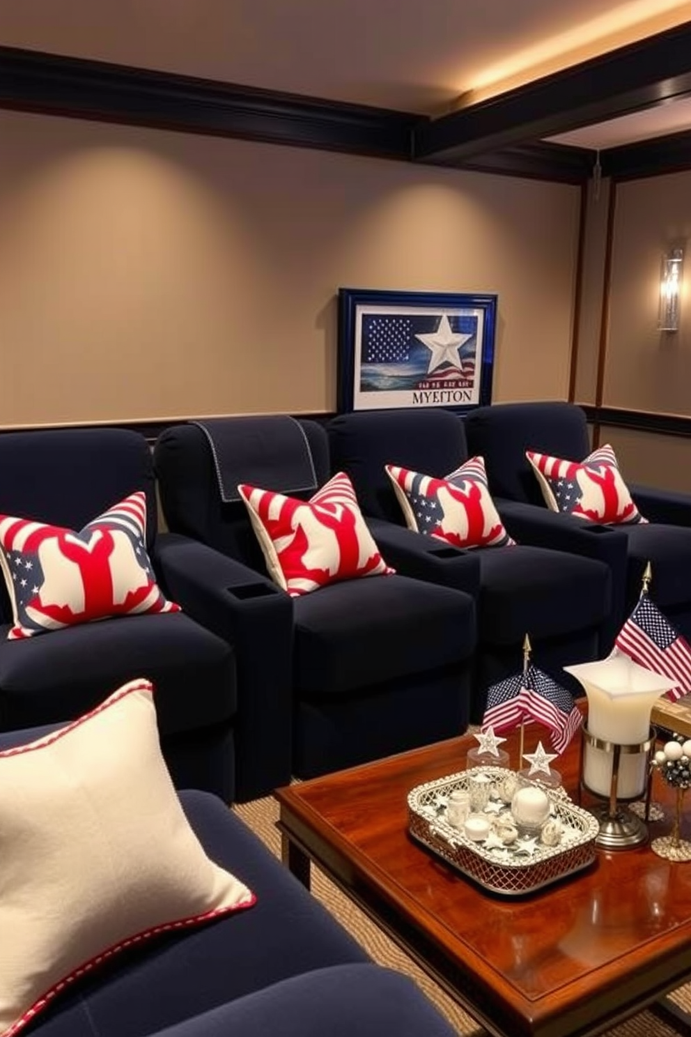 Patriotic themed cushions adorn the plush seating in the home theater, featuring bold red, white, and blue patterns that evoke a sense of national pride. The cushions are arranged on a deep navy sofa, complemented by soft lighting that creates a warm and inviting atmosphere for viewing. Memorial Day decorations enhance the theater's ambiance, with subtle nods to the holiday through tasteful decor elements. A small table displays a collection of stars and stripes themed items, adding a festive touch while maintaining an elegant aesthetic.