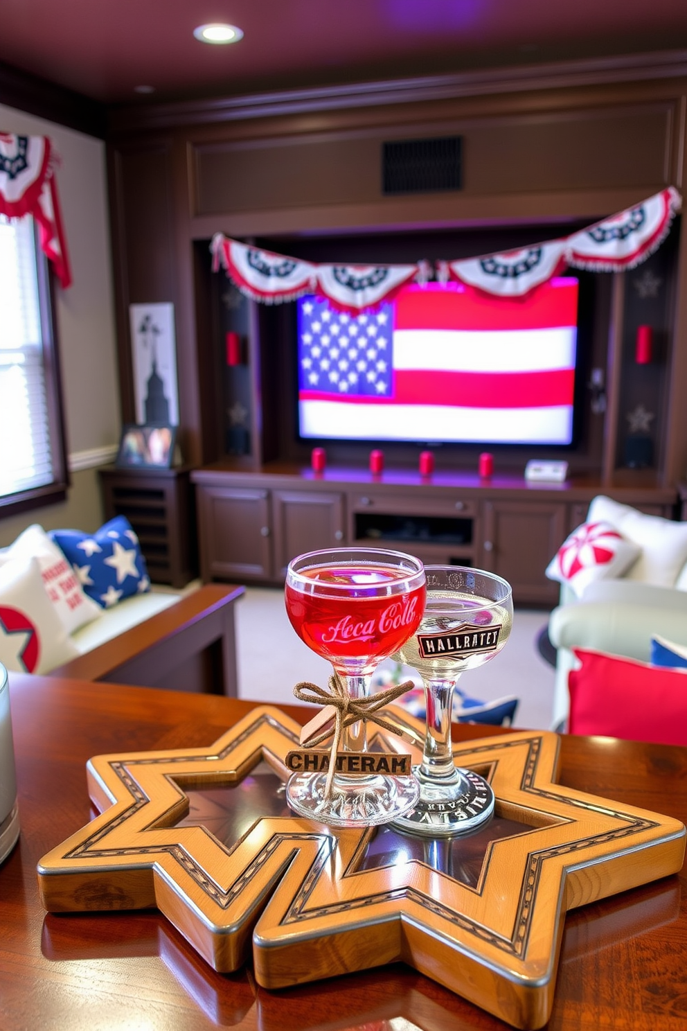 A cozy home theater setting featuring side tables decorated in a red white and blue theme. The tables are adorned with patriotic decorations including small flags and themed coasters, creating a festive atmosphere for Memorial Day celebrations.