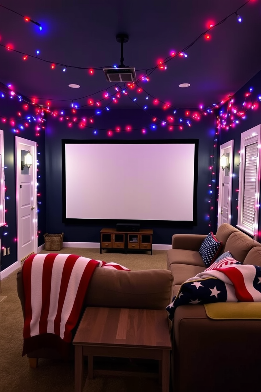 A cozy home theater adorned with throw pillows featuring stars and stripes designs. The seating area is arranged for optimal viewing with a large screen in front and soft ambient lighting creating a warm atmosphere.