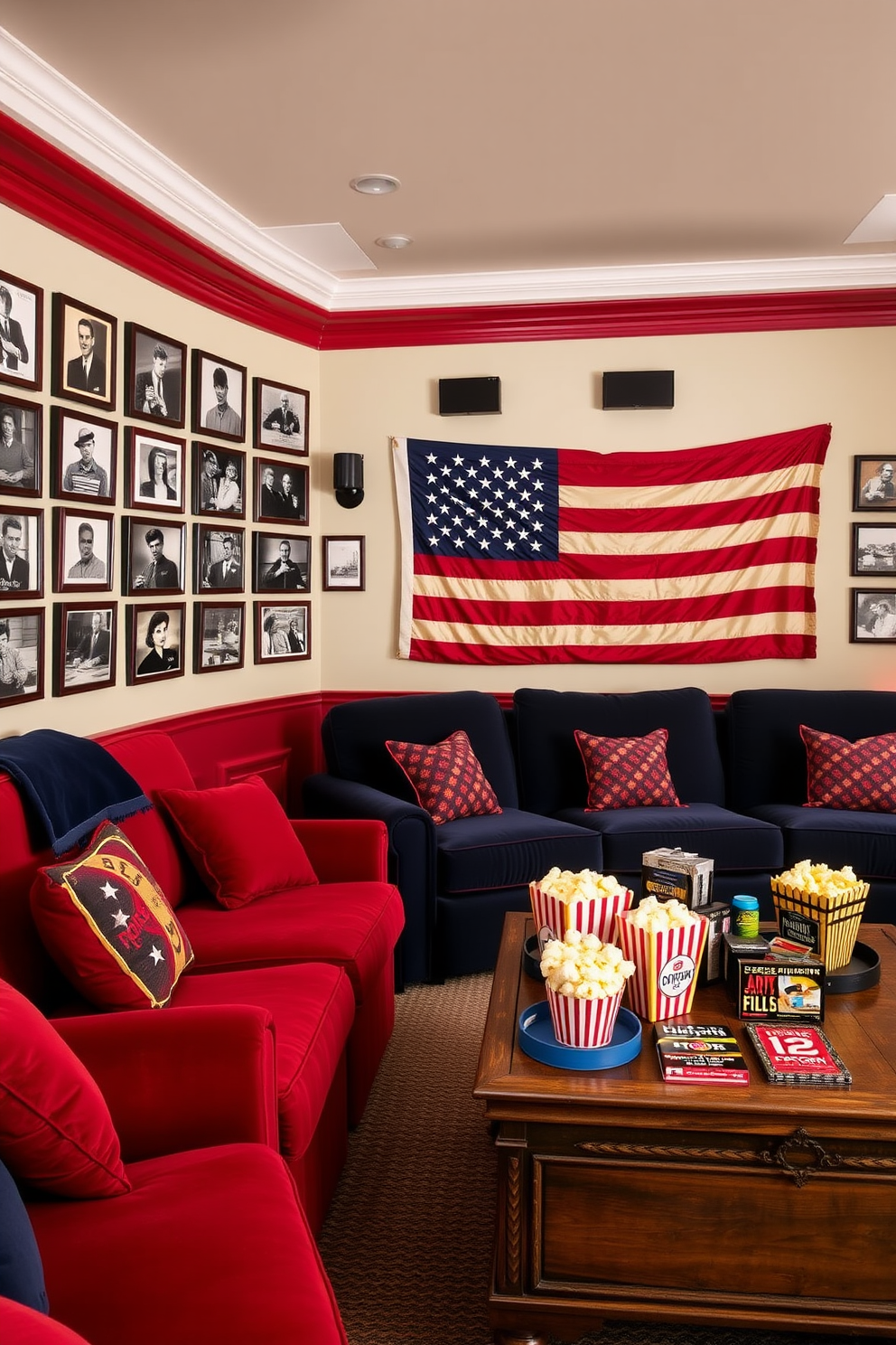 A cozy home theater adorned with decorative wreaths featuring red white and blue colors. The walls are painted a deep navy blue and soft lighting creates an inviting atmosphere. Plush seating is arranged in a semi-circle facing a large screen. Patriotic-themed throw pillows and blankets add a festive touch to the space.