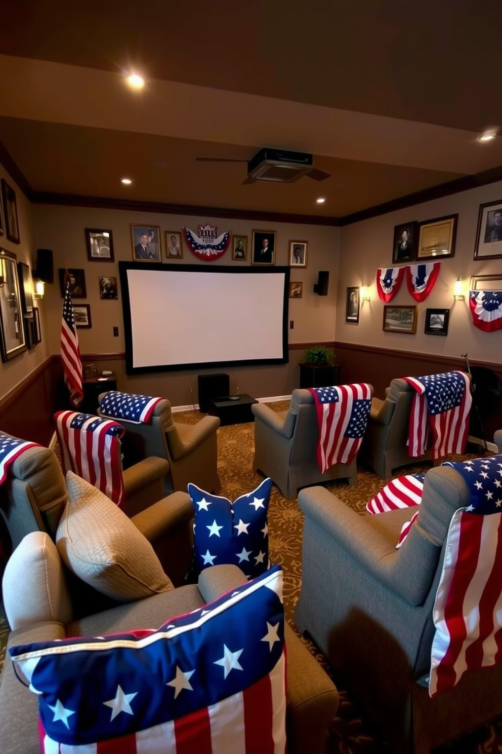 A cozy screening area designed for Memorial Day gatherings. The seating consists of plush chairs draped with patriotic flags, creating a festive atmosphere. The walls are adorned with framed military memorabilia and red, white, and blue decorations. Soft lighting enhances the ambiance, while a large screen is set up for movie viewing, surrounded by comfortable throw pillows.