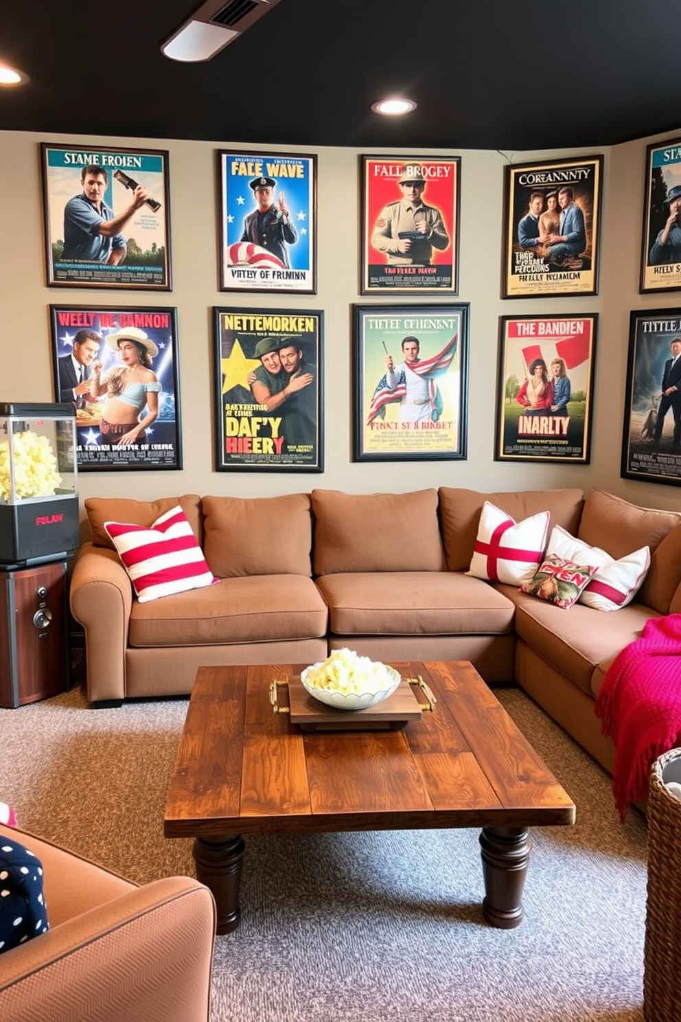 Create a cozy home theater space that celebrates Memorial Day. The walls are adorned with a large star spangled banner wall art, creating a patriotic focal point in the room. In the center, a plush sectional sofa is arranged for optimal viewing comfort, surrounded by red, white, and blue throw pillows. Soft ambient lighting enhances the atmosphere, while a rustic coffee table holds themed snacks and drinks for guests.