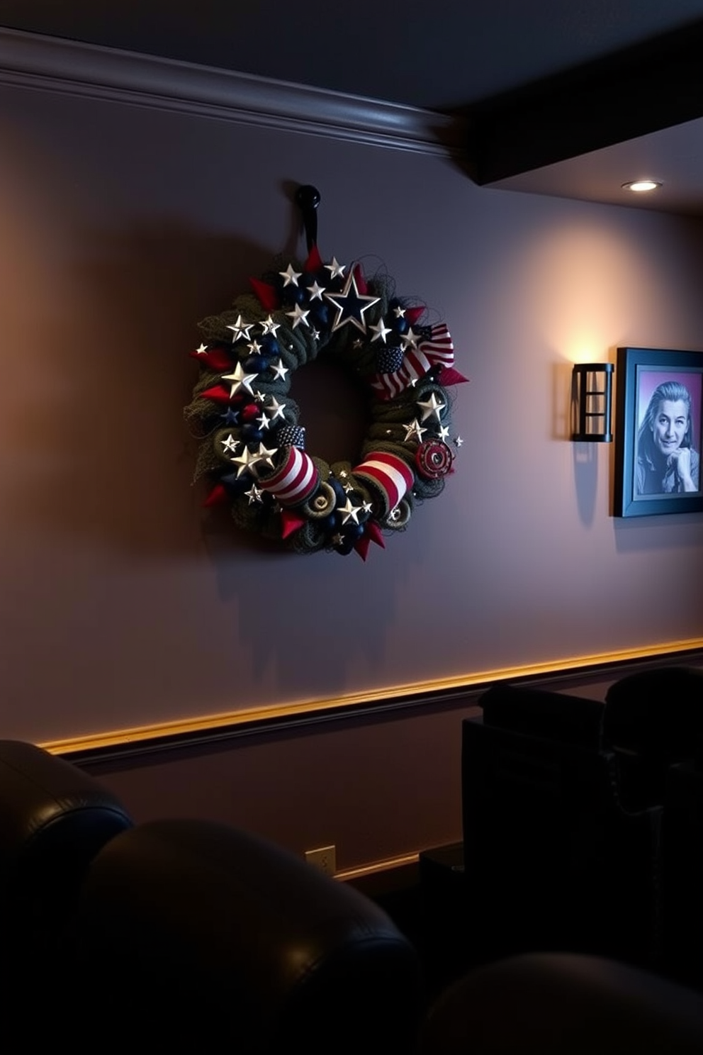 A cozy home theater adorned with a decorative wreath featuring stars and stripes. The wreath hangs prominently on the wall, complementing the dark, plush seating and the soft, ambient lighting throughout the room.