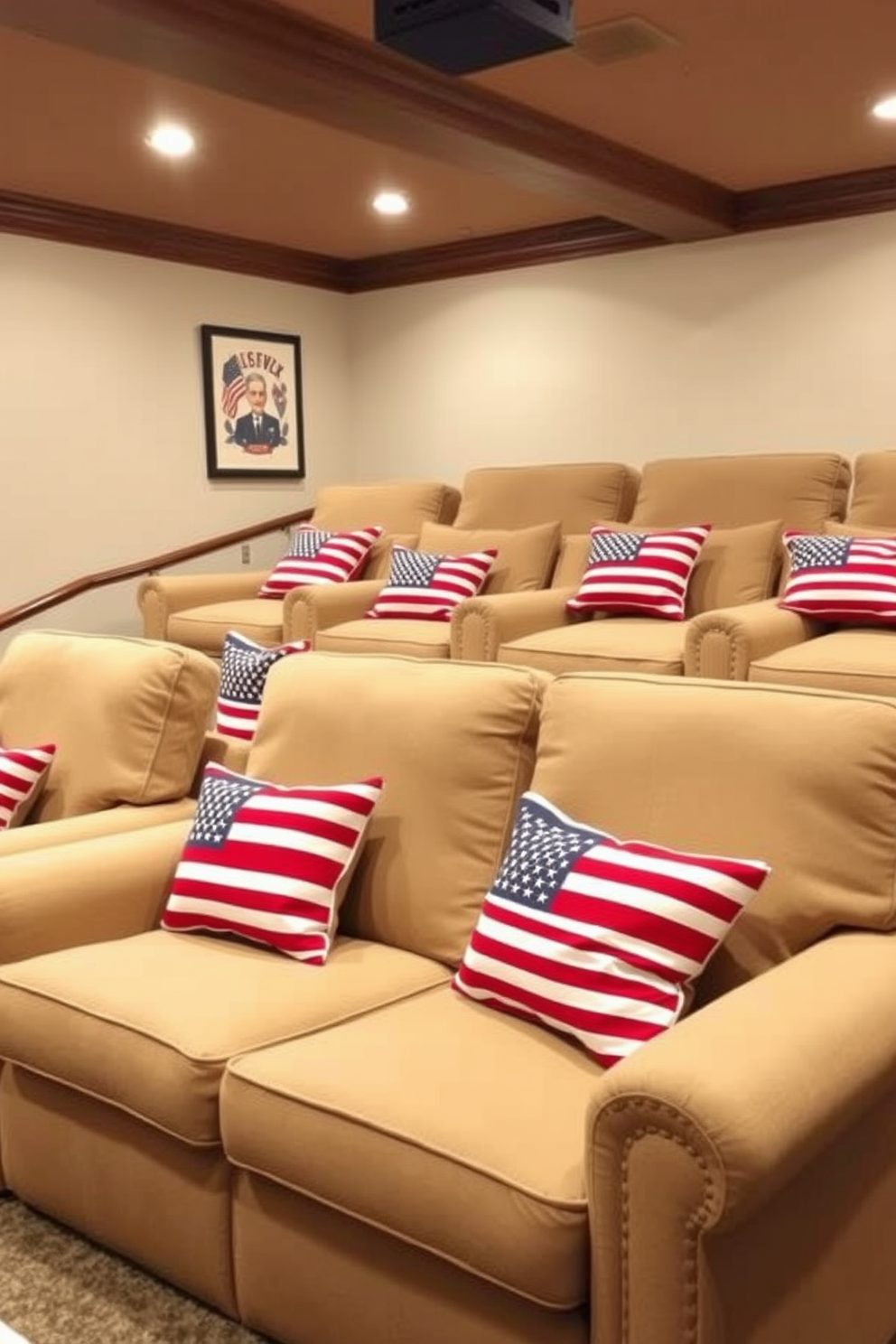 Patriotic throw blankets drape over a plush sectional sofa in a cozy home theater setting. The walls are adorned with red, white, and blue accents, creating a festive atmosphere for Memorial Day celebrations. A large screen is mounted on the wall, surrounded by comfortable seating for family and friends. Soft lighting enhances the inviting ambiance, while decorative pillows complement the patriotic theme.