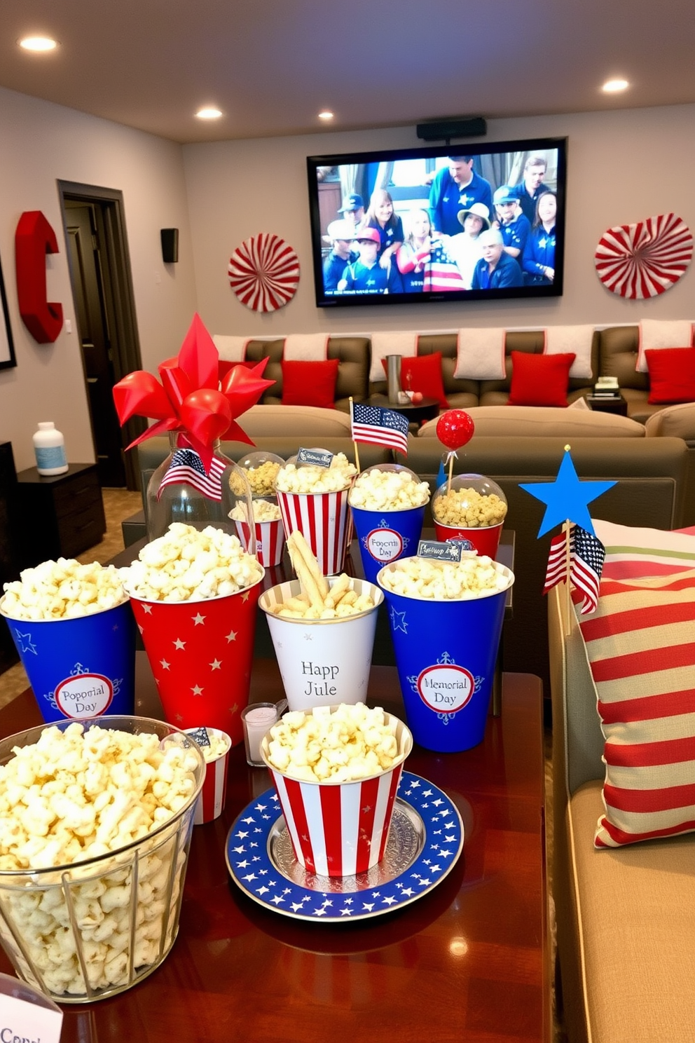 A festive popcorn bar is set up with red, white, and blue themed containers to celebrate Memorial Day. The containers are filled with various popcorn flavors, and patriotic decorations adorn the table for a cheerful atmosphere. The home theater is decorated with stars and stripes accents, creating a cozy yet festive environment. Comfortable seating is arranged for guests to enjoy movies while indulging in the popcorn bar treats.