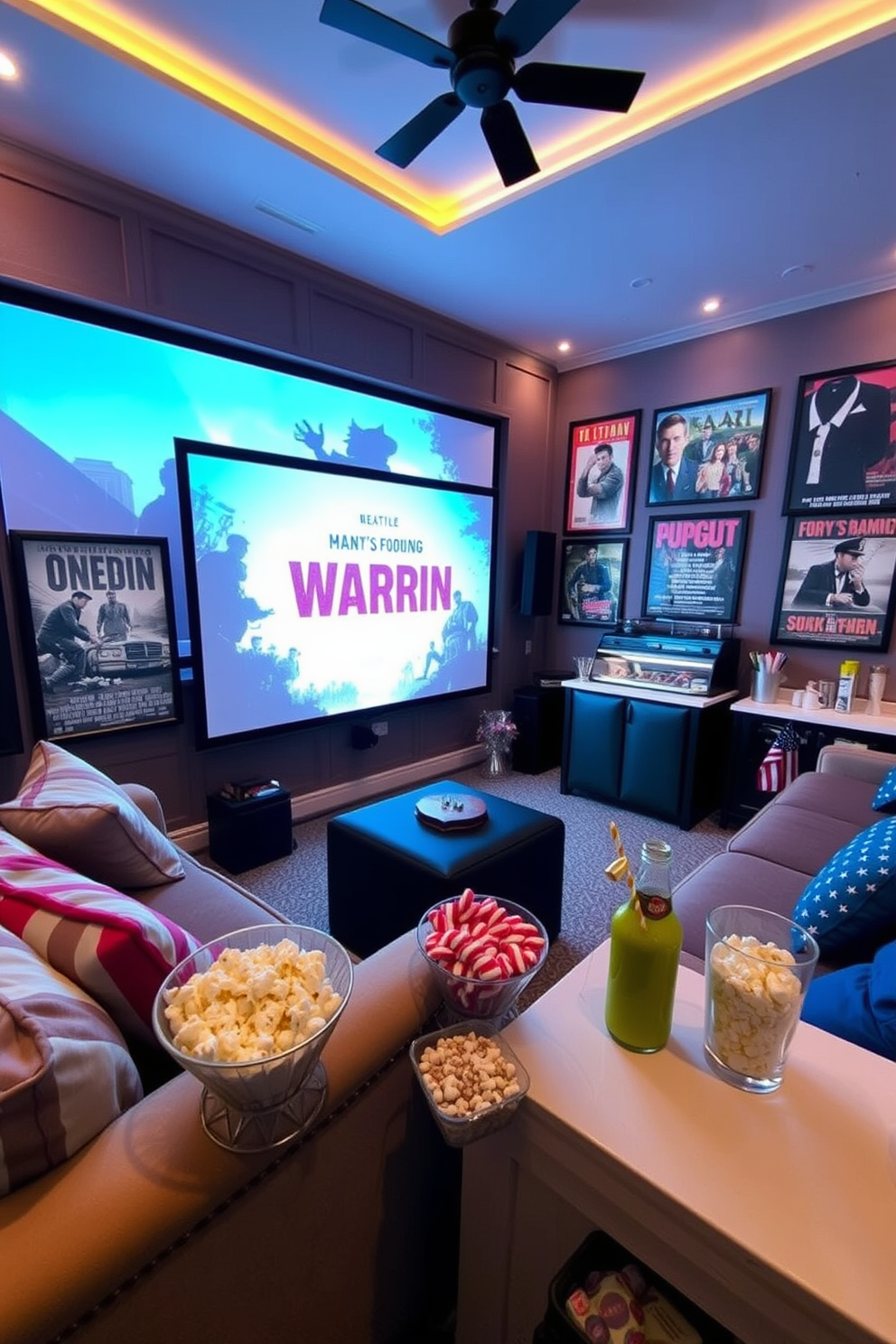 Create a cozy home theater setting designed for a themed movie night featuring classic war films. The room is adorned with vintage movie posters and plush seating, with a large screen prominently displayed for an immersive viewing experience. Soft lighting enhances the ambiance, while red, white, and blue decor elements pay tribute to Memorial Day. A snack bar is set up in the corner, complete with popcorn, candy, and themed drinks to elevate the cinematic experience.