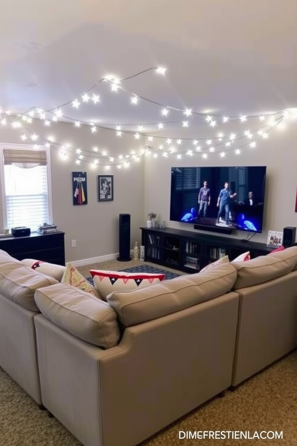 A cozy home theater setup adorned with DIY star shaped string lights creates a festive atmosphere for Memorial Day celebrations. The lights twinkle softly above a plush sectional sofa, inviting guests to relax and enjoy the movie experience.