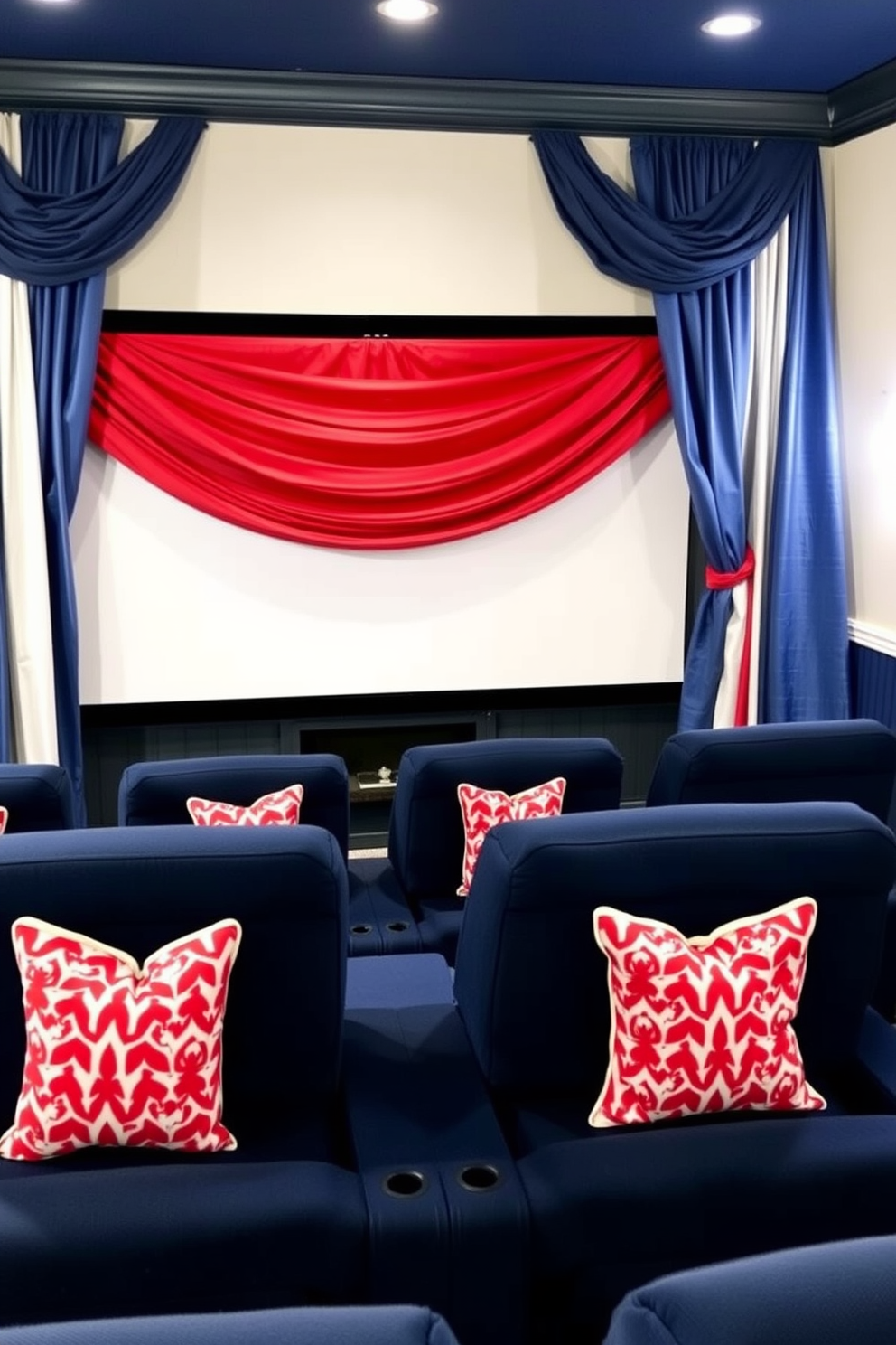 Create a cozy home theater with red white and blue themed curtains that drape elegantly around a large screen. The seating area features plush recliners in navy blue with decorative throw pillows in alternating red and white patterns.