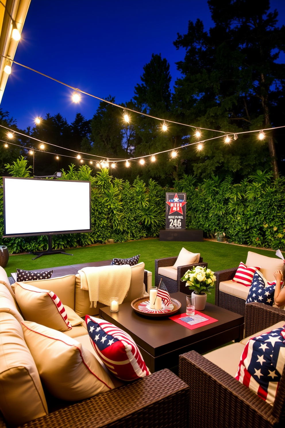 An inviting outdoor movie setup features a large screen positioned against a backdrop of lush greenery. Cozy blankets and plush cushions are arranged on a stylish outdoor sectional, while string patio lights cast a warm glow overhead. For Memorial Day, the home theater is adorned with patriotic decorations, including red, white, and blue accents throughout the space. Comfortable seating is enhanced with themed throw pillows and festive table settings, creating a welcoming atmosphere for family and friends.