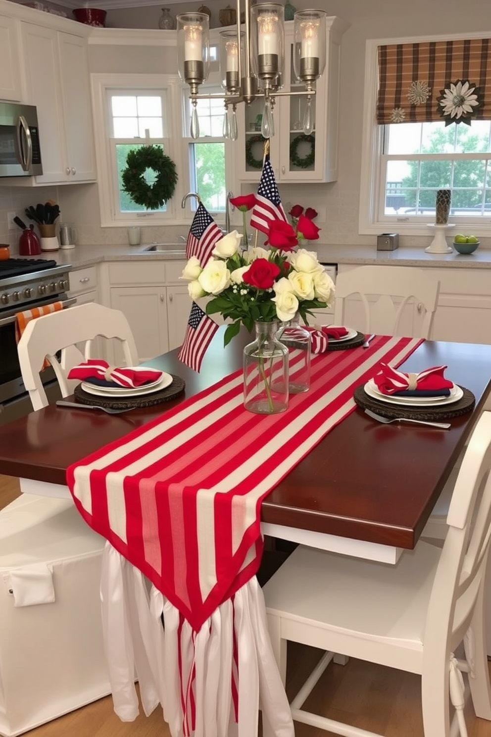 A patriotic table runner drapes elegantly across a rustic wooden dining table adorned with fresh flowers in red white and blue hues. The backdrop features a cozy kitchen with white cabinetry and vintage-inspired decor, creating a festive atmosphere for Memorial Day celebrations.