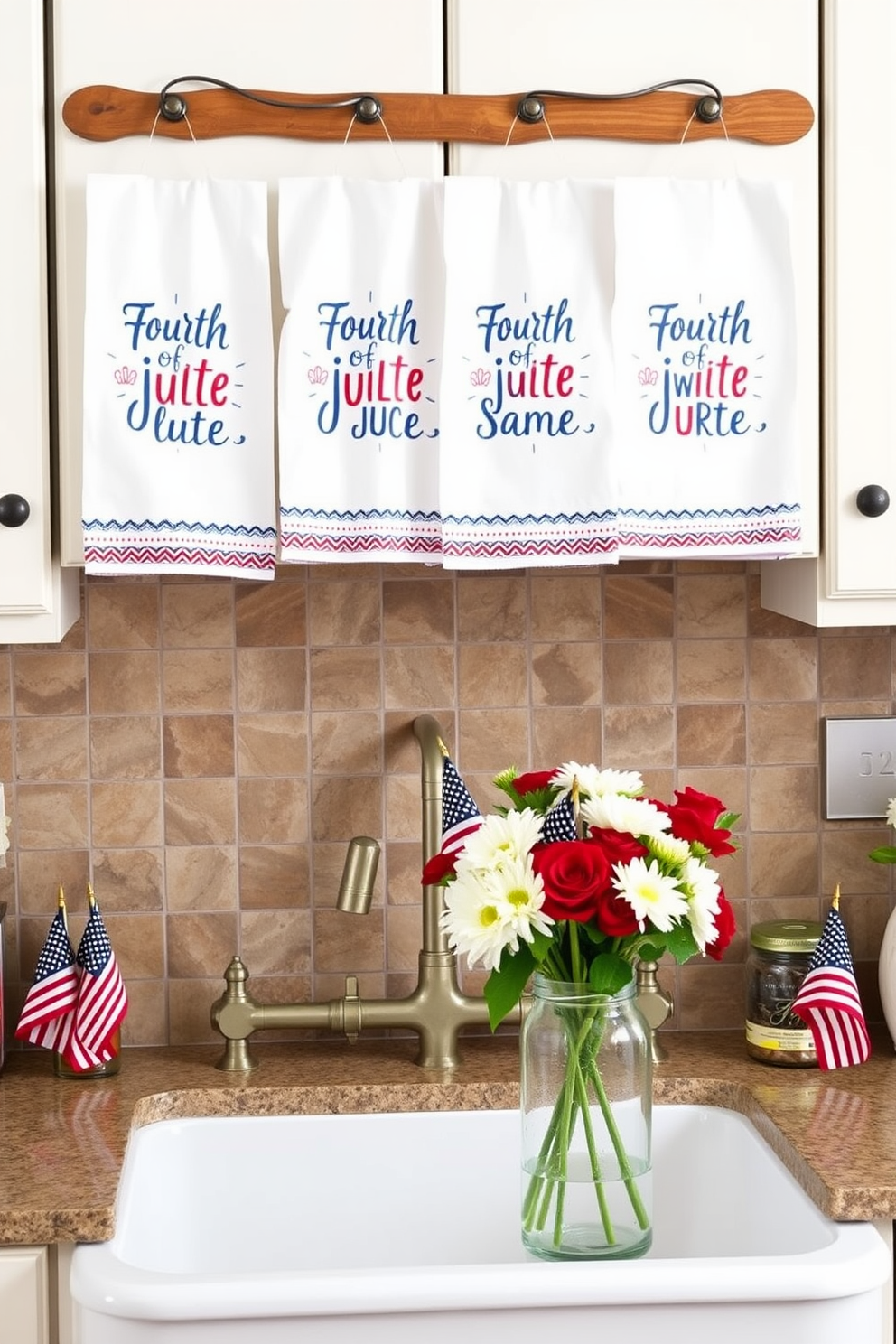 A festive kitchen setting adorned with Fourth of July themed kitchen towels featuring red white and blue colors. The towels hang elegantly from a wooden rack above a rustic farmhouse sink surrounded by fresh flowers in a vintage vase. A cozy kitchen space decorated for Memorial Day with patriotic accents and seasonal decor. The countertops are adorned with small American flags and a centerpiece of red white and blue blooms in a glass jar.