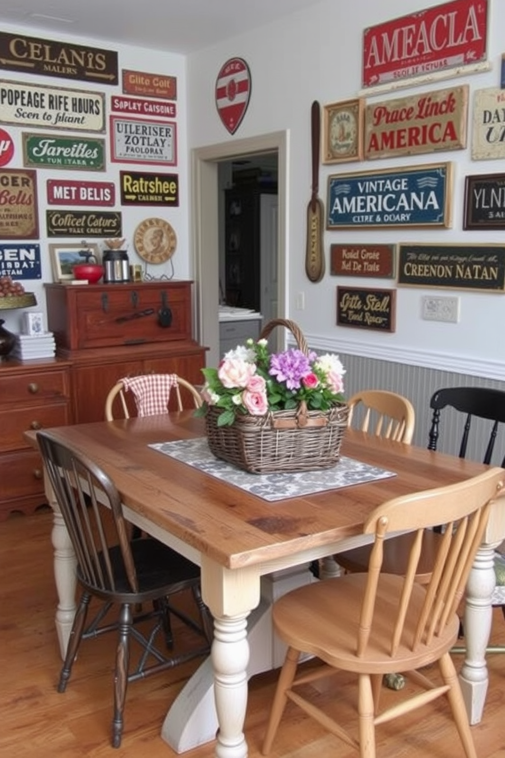 Create a cozy kitchen setting that celebrates Vintage Americana with various signs adorning the walls. Incorporate a rustic wooden table and mismatched chairs, with a centerpiece featuring fresh flowers and a vintage picnic basket.