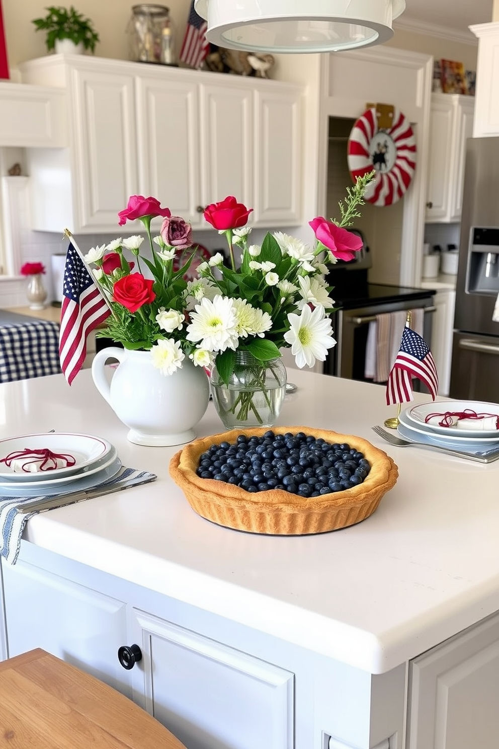 A charming kitchen setting for Memorial Day featuring a blueberry pie as the centerpiece. The kitchen island is adorned with fresh flowers and patriotic decorations, creating a festive and inviting atmosphere.