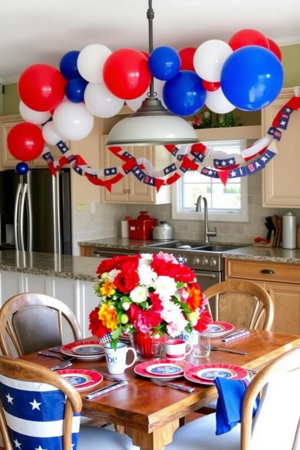 Ceramic star bowls filled with a variety of colorful snacks are arranged on a rustic wooden table. The kitchen is adorned with red, white, and blue decor, featuring bunting and fresh flowers to celebrate Memorial Day.