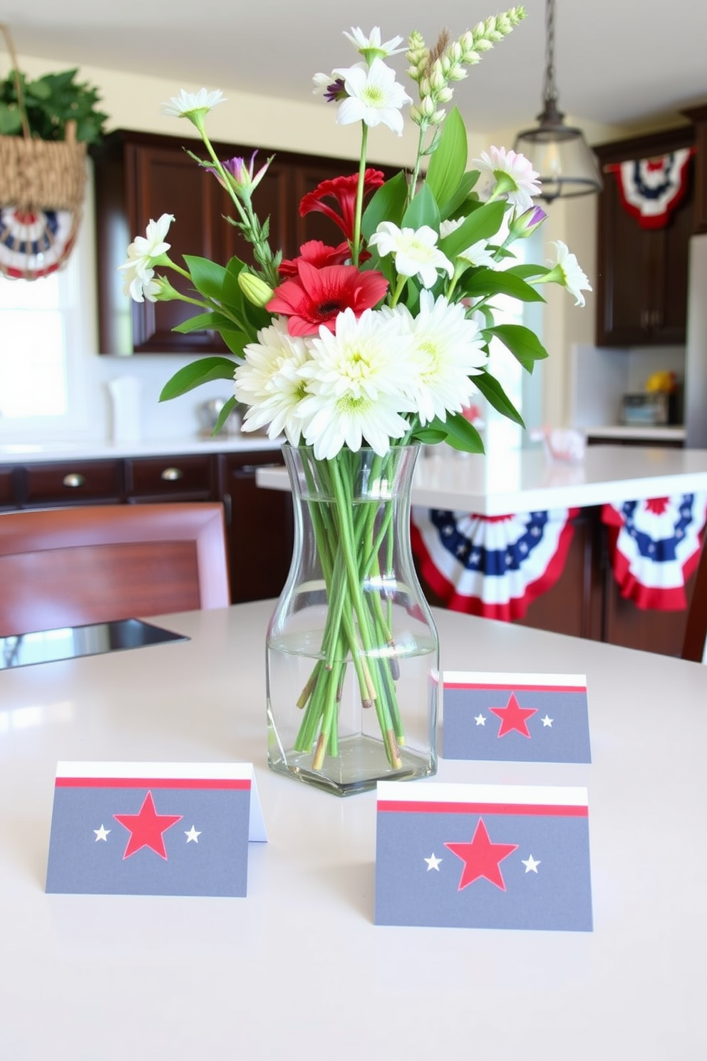 Create a vibrant kitchen scene decorated for Memorial Day with spice jars in red, white, and blue hues. The jars are arranged on a wooden shelf, surrounded by festive bunting and small American flags for a patriotic touch.