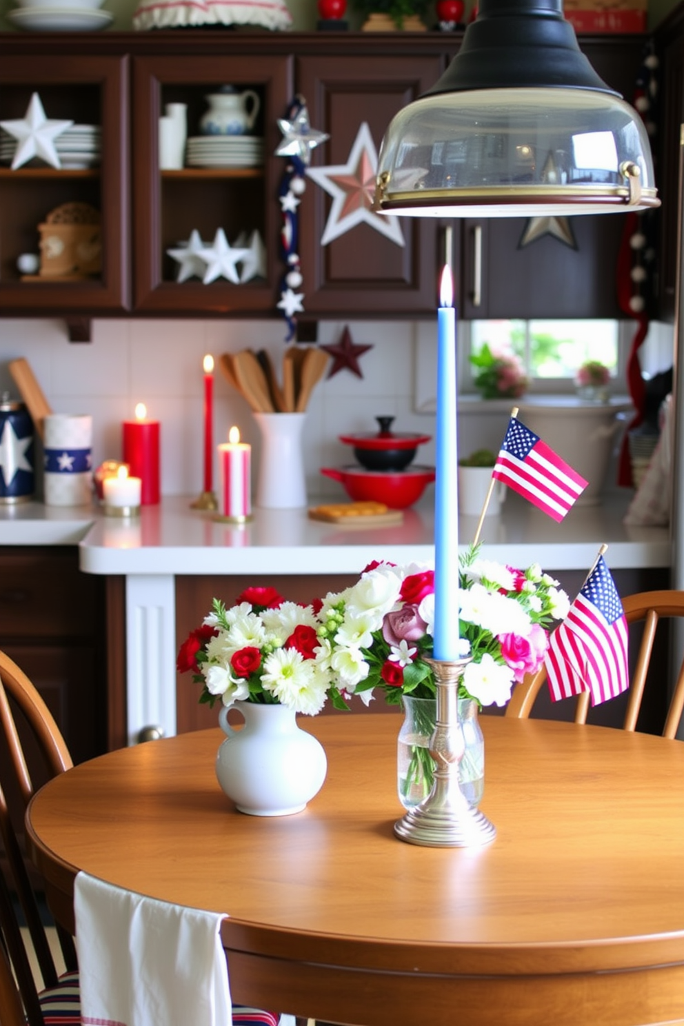 Create a cozy kitchen setting decorated for Memorial Day. Incorporate patriotic themed candles in red white and blue hues placed on the countertops and dining table to enhance the ambiance. Adorn the kitchen with festive decor such as star shaped garlands and small flags. Use fresh flowers in a vase to complement the overall patriotic theme and create a welcoming atmosphere.