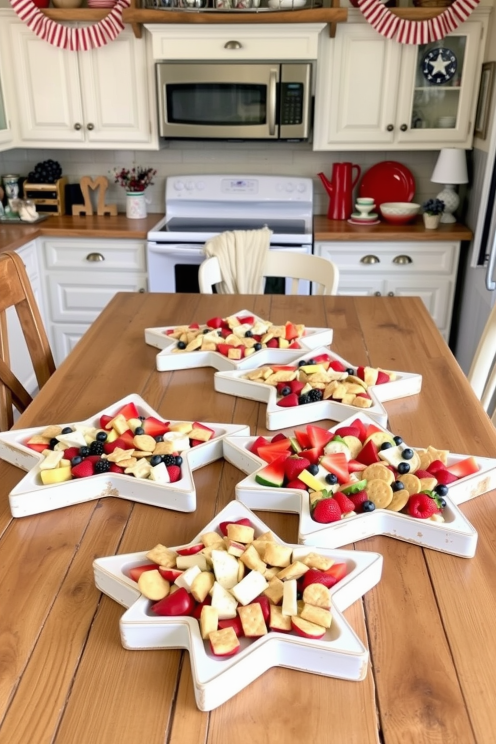 Star shaped serving platters are elegantly arranged on a rustic wooden table, filled with an assortment of colorful snacks like fresh fruits, cheese, and crackers. The kitchen is adorned with festive red, white, and blue decorations, including bunting and themed dishware, creating a cheerful atmosphere for Memorial Day celebrations.