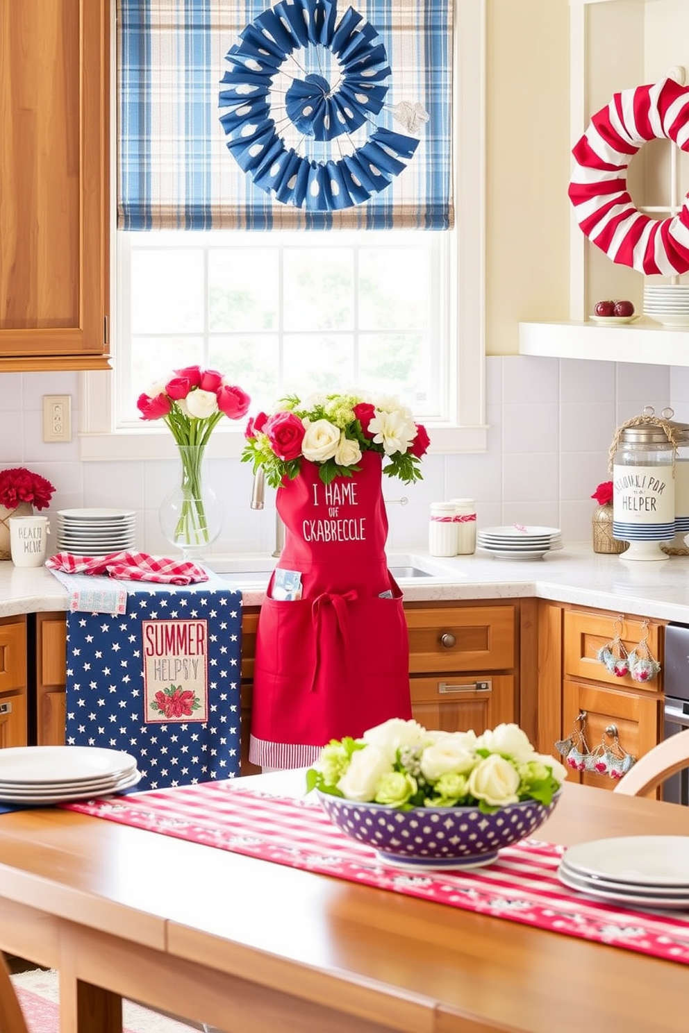 Create a vibrant kitchen scene decorated for Memorial Day. The refrigerator is adorned with an array of red white and blue themed magnets showcasing patriotic symbols and messages. Above the fridge, a festive garland of stars and stripes hangs, adding a playful touch to the decor. The countertops are styled with seasonal accents, including a bowl of fresh fruit and a small flag centerpiece.