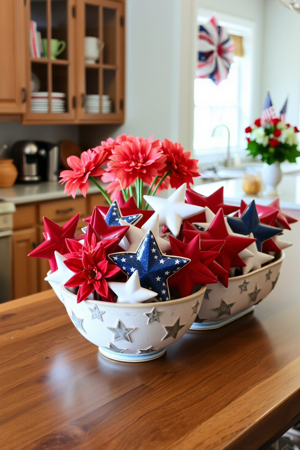 A collection of decorative bowls filled with stars is elegantly arranged on a wooden kitchen island. The bowls vary in size and texture, adding a touch of whimsy to the patriotic-themed decor. For Memorial Day, the kitchen is adorned with red, white, and blue accents. Fresh flowers in vibrant colors are placed strategically around the space, enhancing the festive atmosphere.