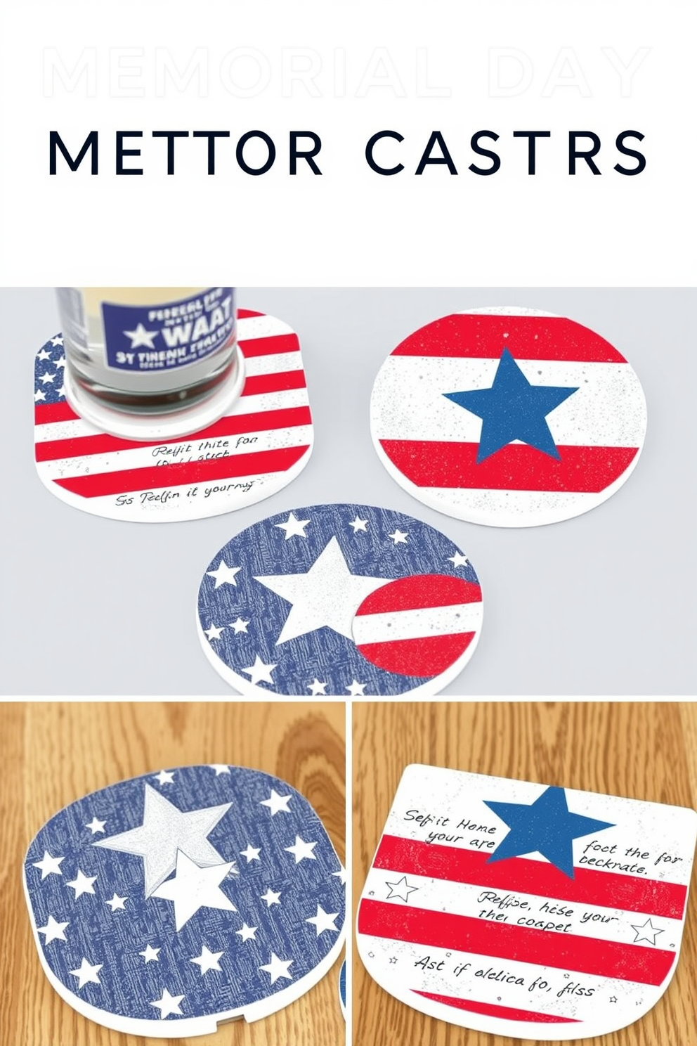 Create a set of patriotic themed coasters designed for drinks that feature red white and blue colors with star and stripe patterns. Each coaster should have a unique design that reflects the spirit of Memorial Day while being functional and stylish for a kitchen setting. Incorporate elements like subtle textures and finishes that evoke a sense of celebration and remembrance. These coasters should be perfect for displaying on a kitchen table or countertop during festive gatherings and barbecues.