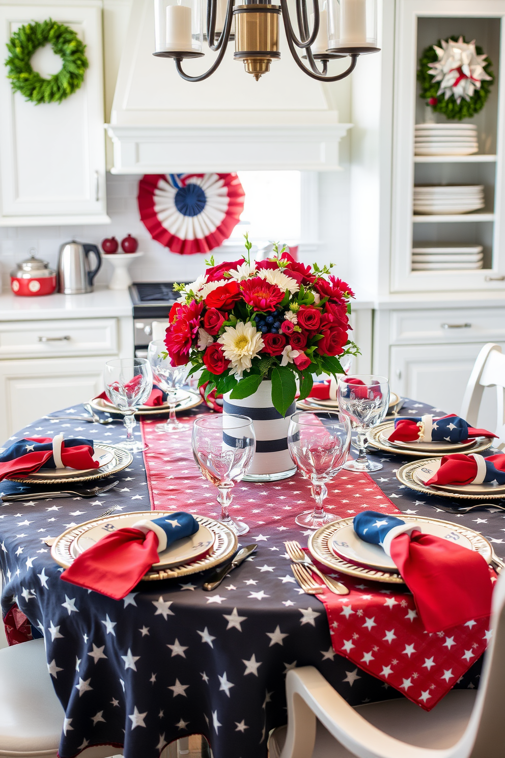 A festive kitchen setting for Memorial Day featuring a table adorned with red white and blue table settings. The table is set with star patterned tablecloths and matching napkins alongside elegant dishware and vibrant centerpieces of fresh flowers.