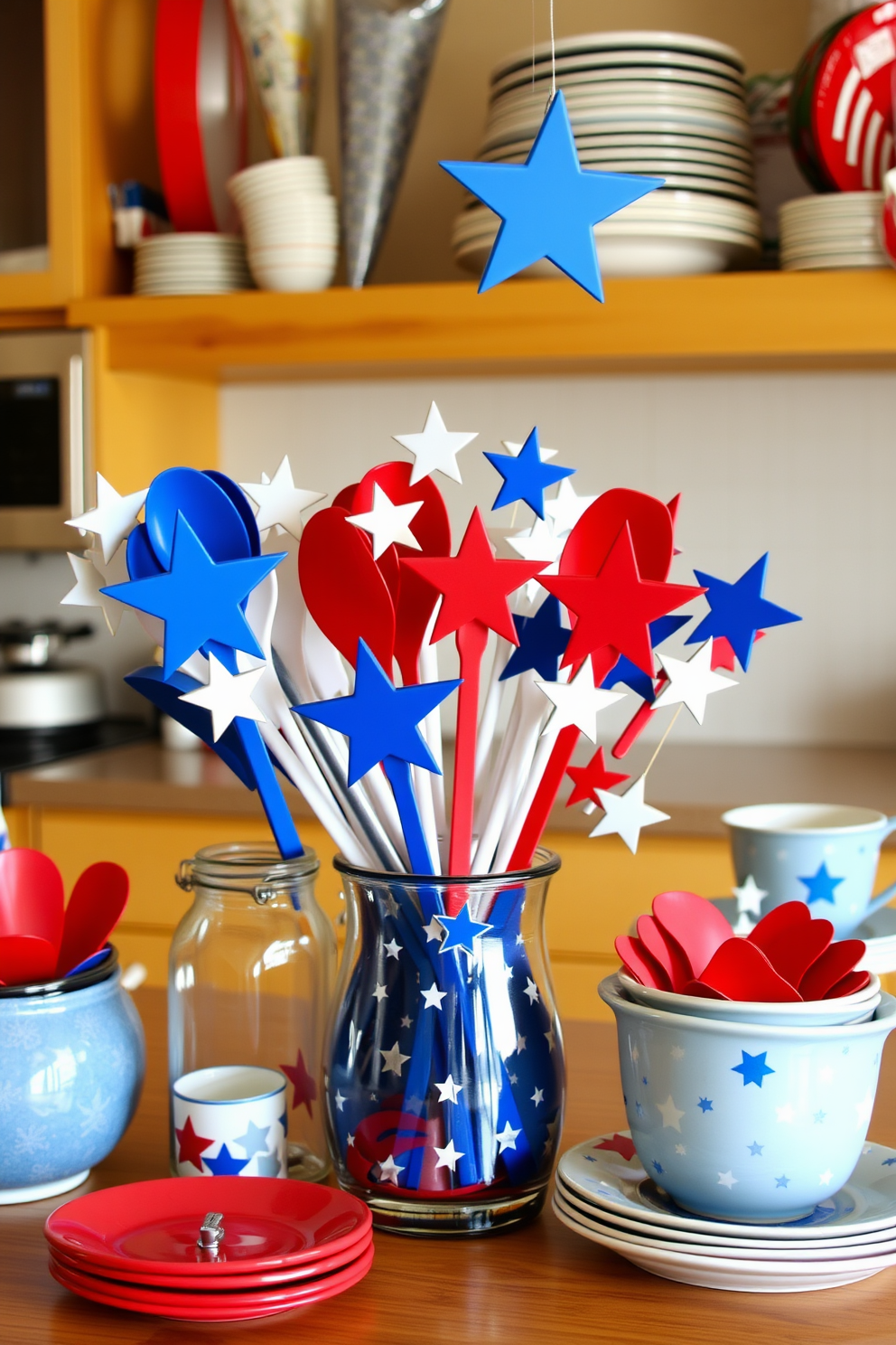 A vibrant kitchen filled with star adorned utensils in red white and blue colors. The countertops are decorated with playful dishware featuring star patterns and festive accents.