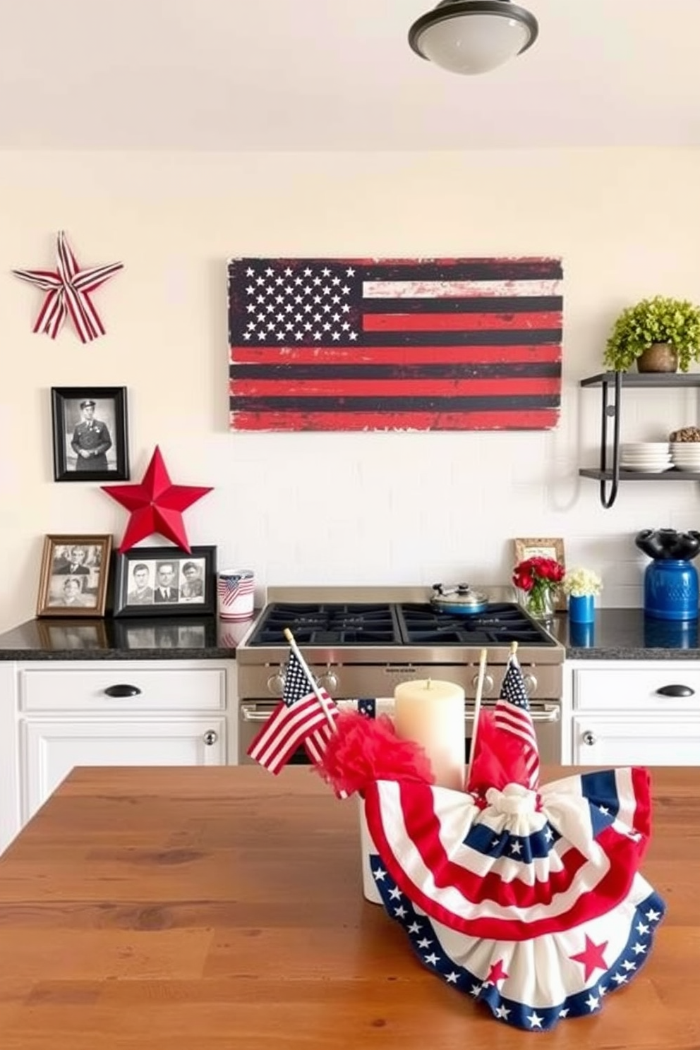 A festive centerpiece for a Memorial Day celebration features a vibrant arrangement of red white and blue flowers elegantly displayed in a rustic wooden vase. Surrounding the vase are small American flags and decorative stars that enhance the patriotic theme of the kitchen. In the kitchen the decor includes a cheerful table setting with a checkered tablecloth and matching napkins. Fresh herbs in small pots are placed on the windowsill adding a touch of greenery and a delightful aroma to the festive atmosphere.