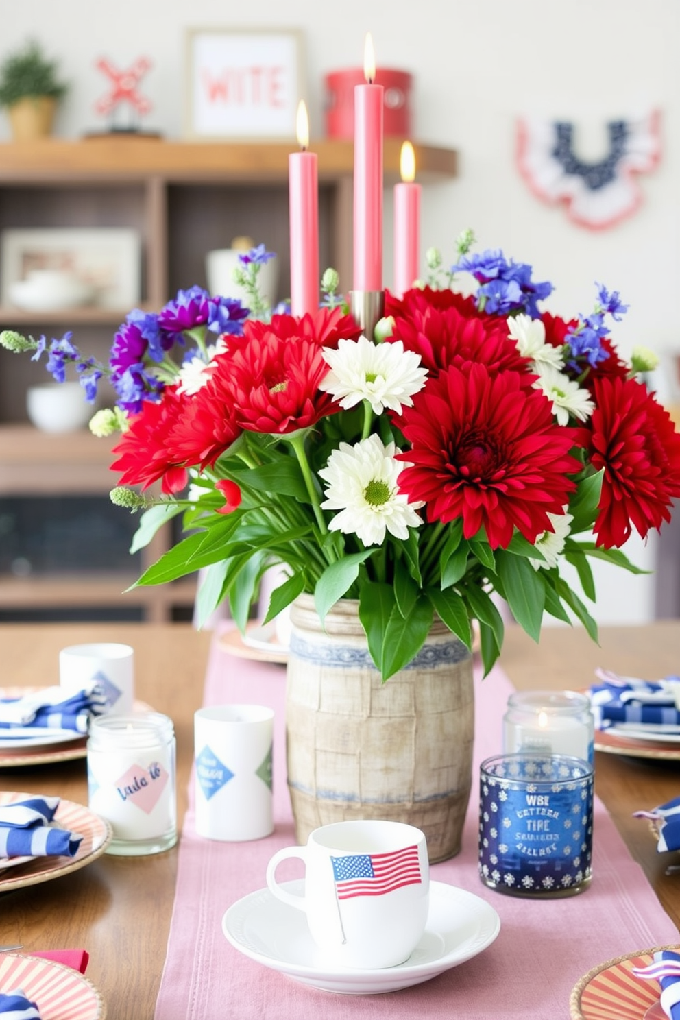 Create a festive kitchen table centerpiece featuring red white and blue elements for a Memorial Day celebration. Incorporate fresh flowers in vibrant colors arranged in a rustic vase alongside decorative candles and themed tableware.